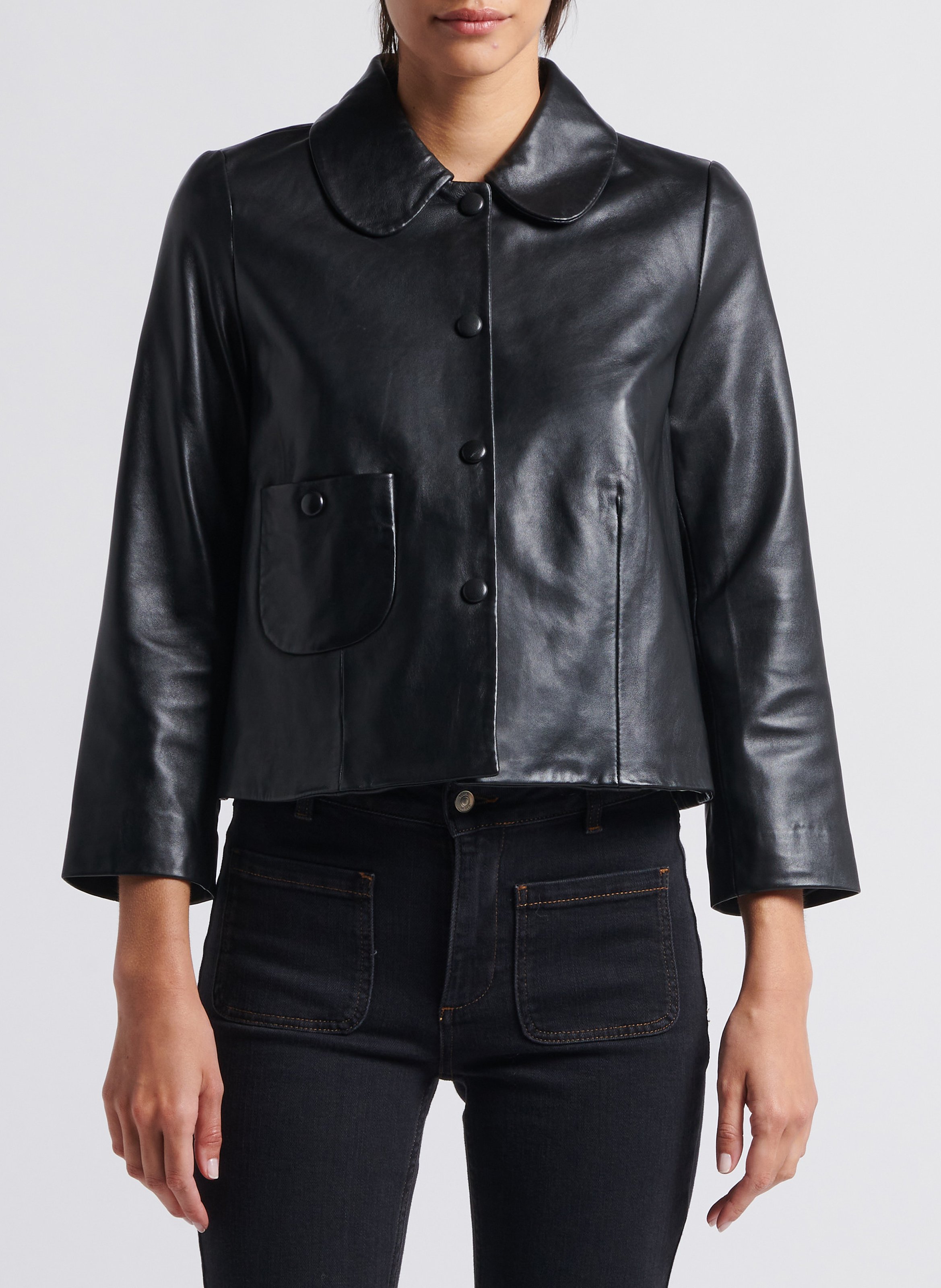 Veste courte col claudine en cuir mylos BA&SH Noir