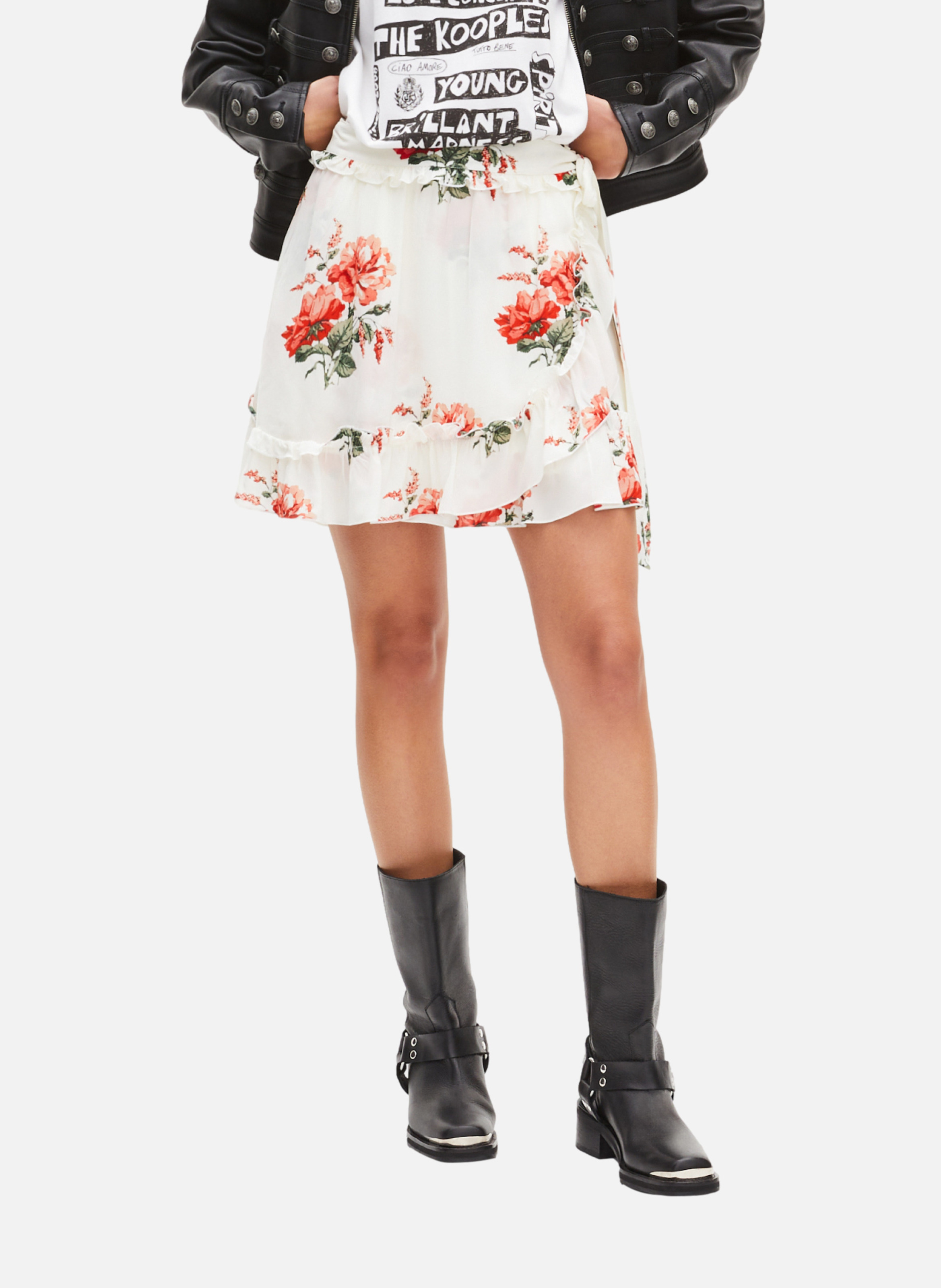 Jupe courte portefeuille imprimé fleuri THE KOOPLES Blanc