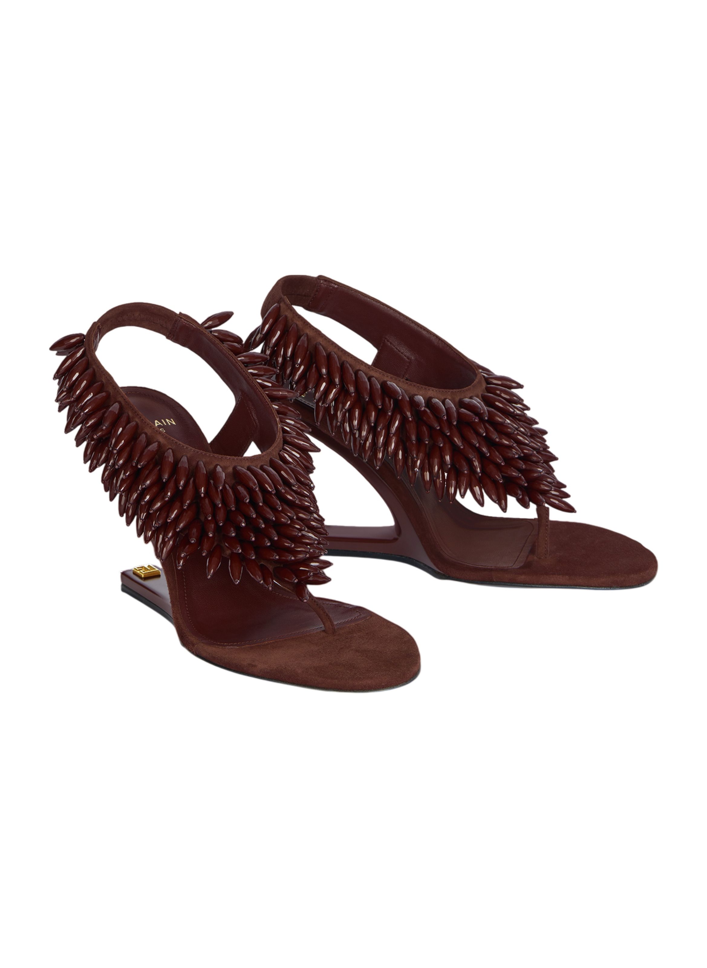 Sandales no wedge en cuir suédé et perles BALMAIN Marron