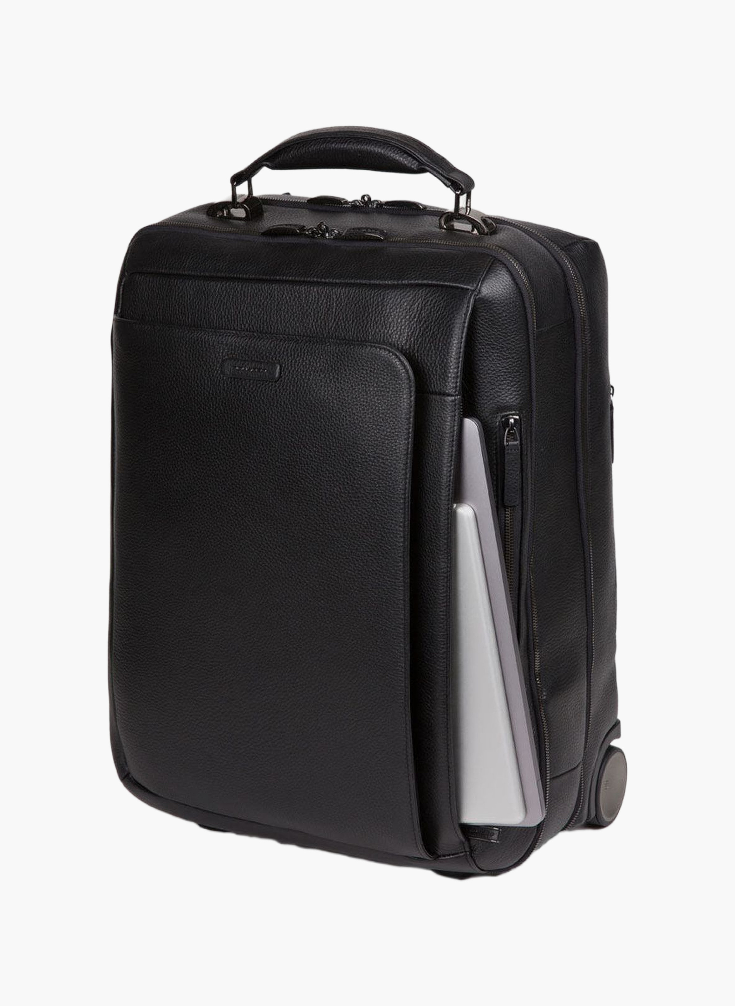 Leather cabin suitcase with garment sleeve PIQUADRO Black