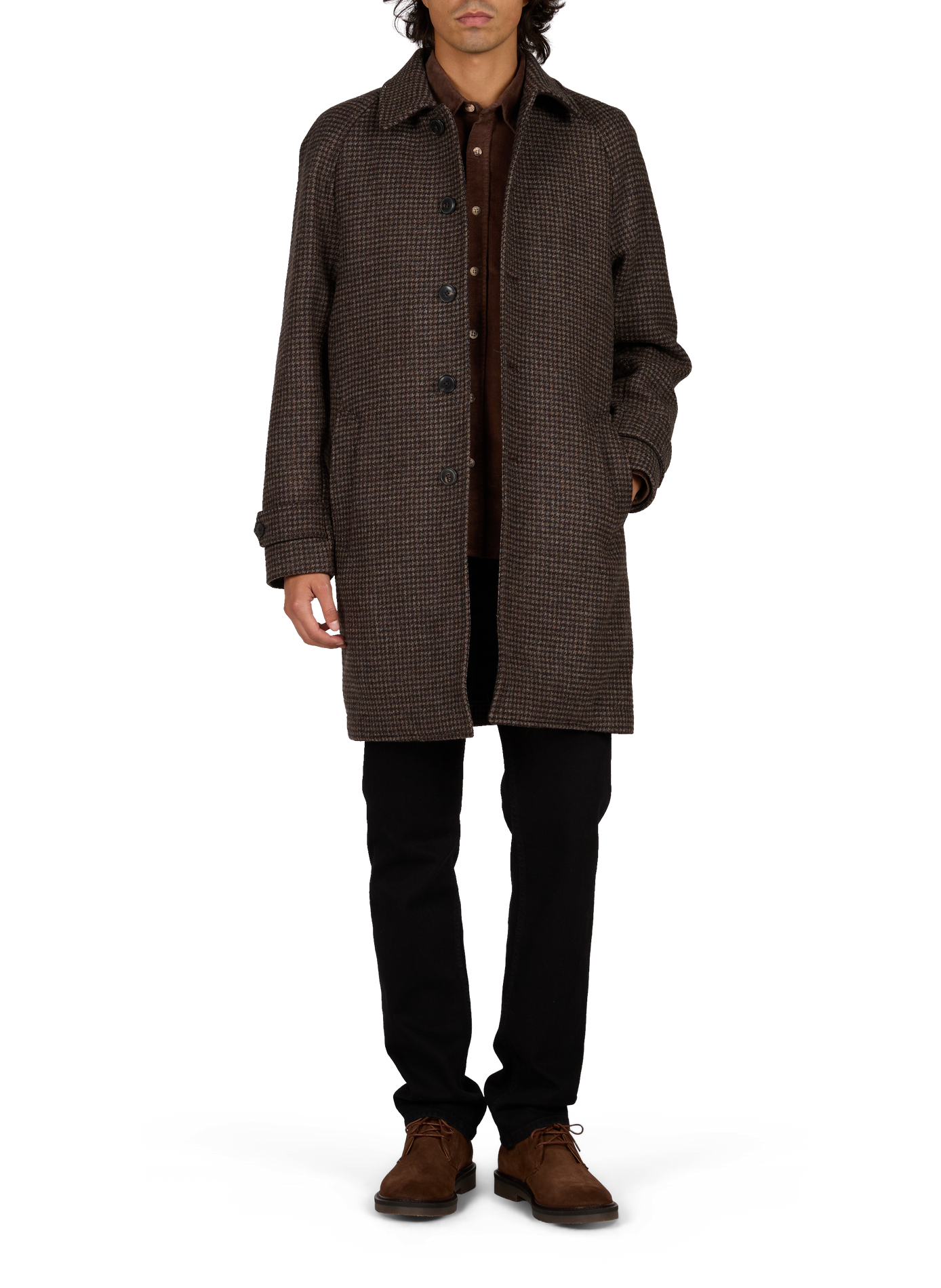 Manteau droit col classique motif pied-de-poule en laine mélangée HACKETT Marron