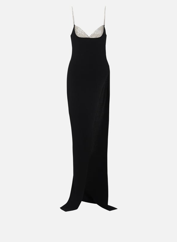 Robe longue fendue en maille brodée Noir by BALMAIN BALMAIN Robe longue fendue en maille brodée Noir
