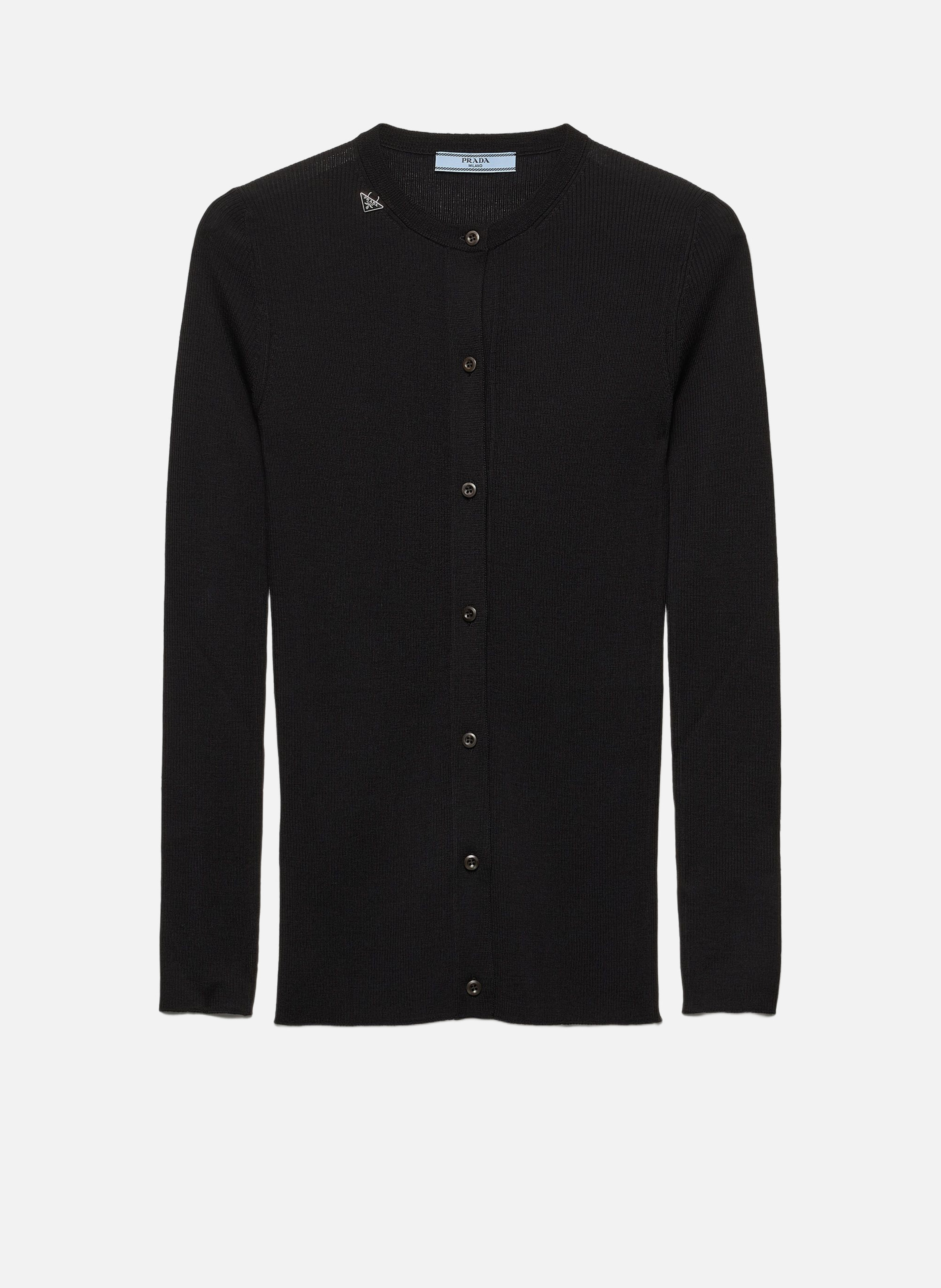 Cardigan en laine en maille côtelée PRADA Noir