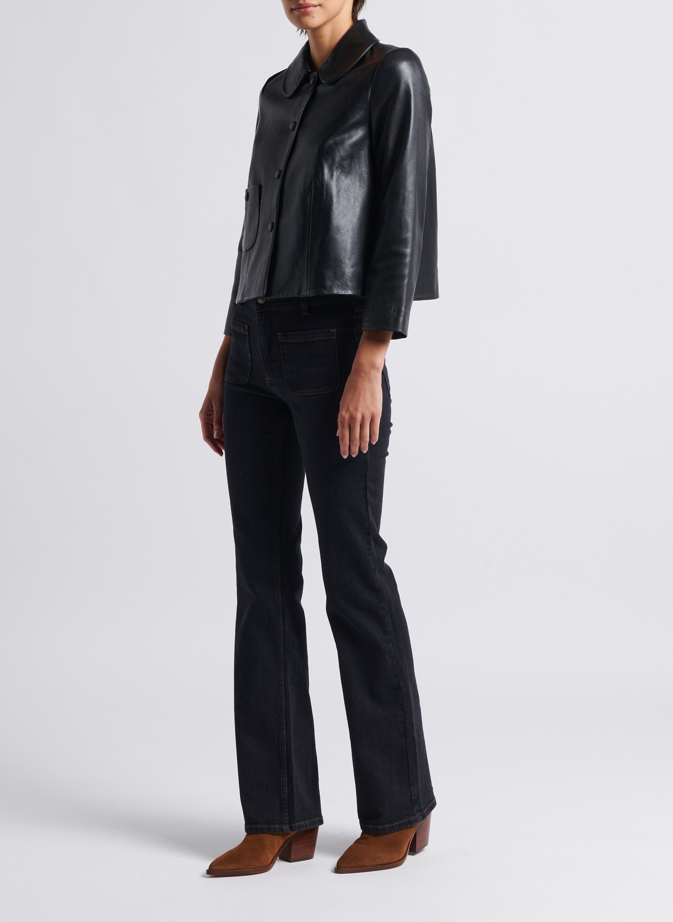 Veste courte col claudine en cuir mylos BA&SH Noir