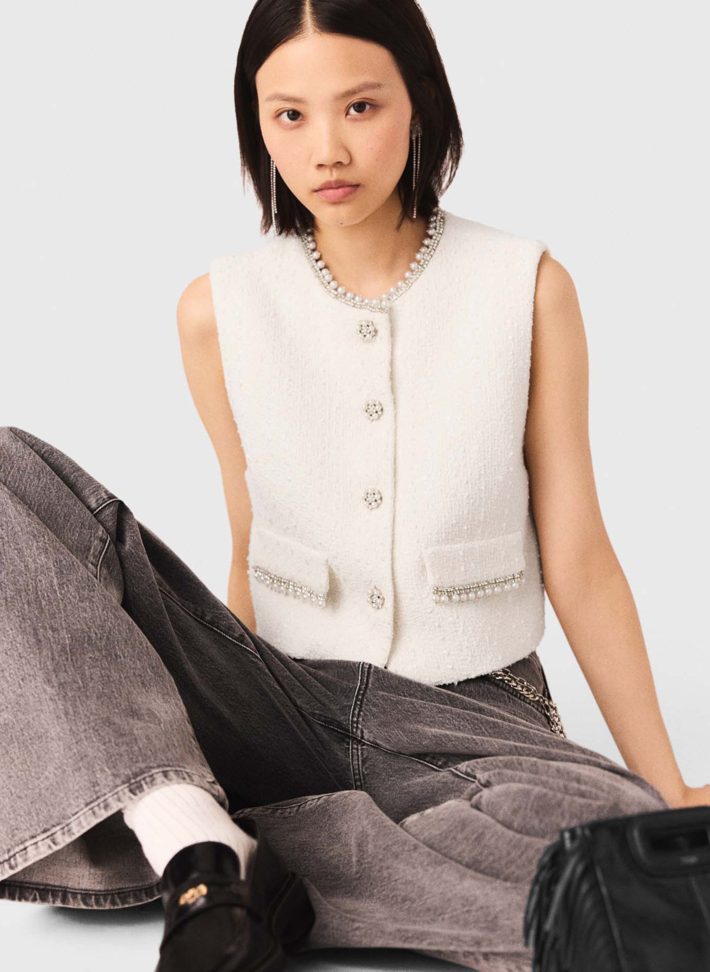 Gilet col rond en coton mélangé MAJE Beige