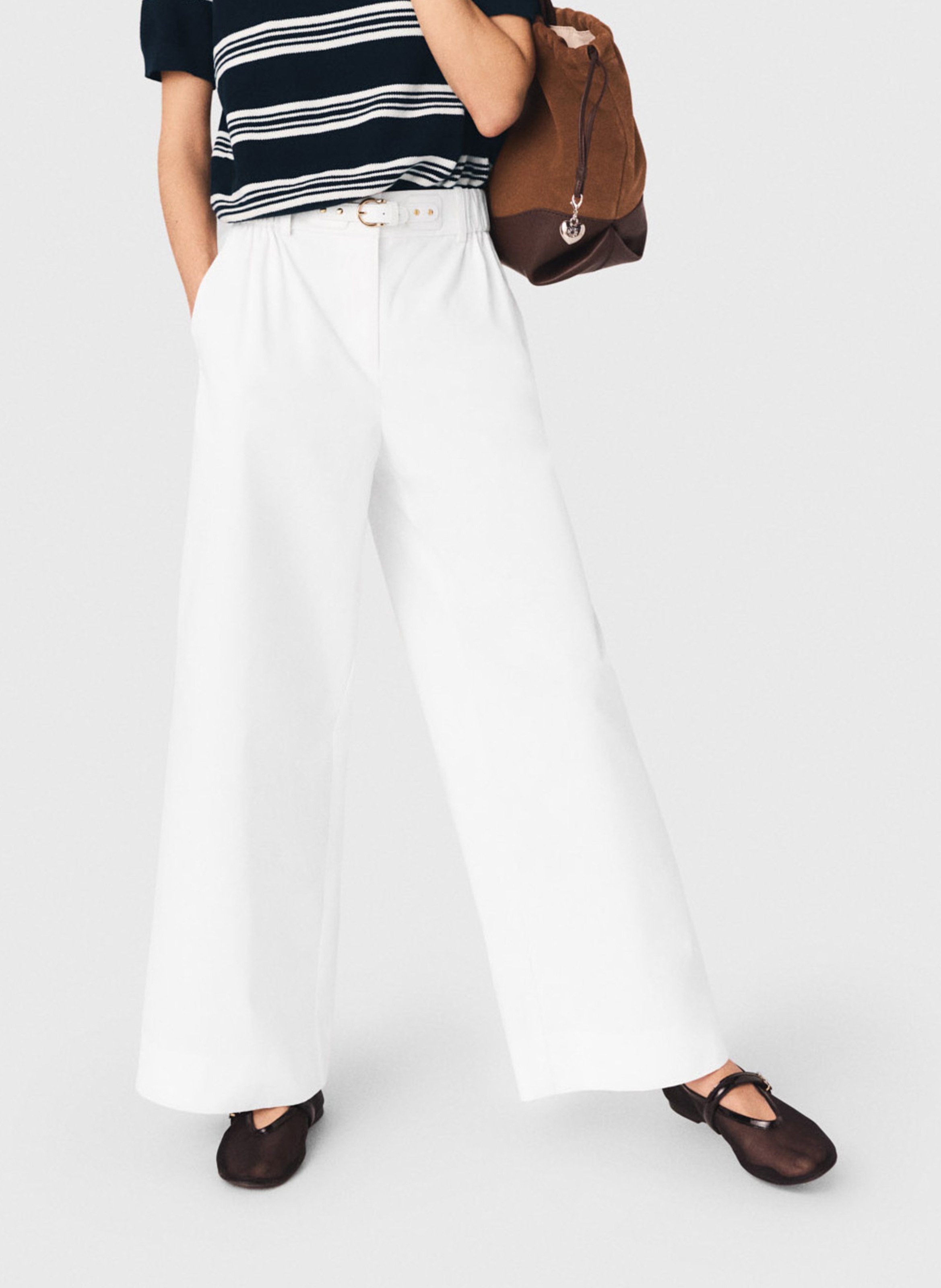 Pantalon large taille haute en coton MAJE Blanc