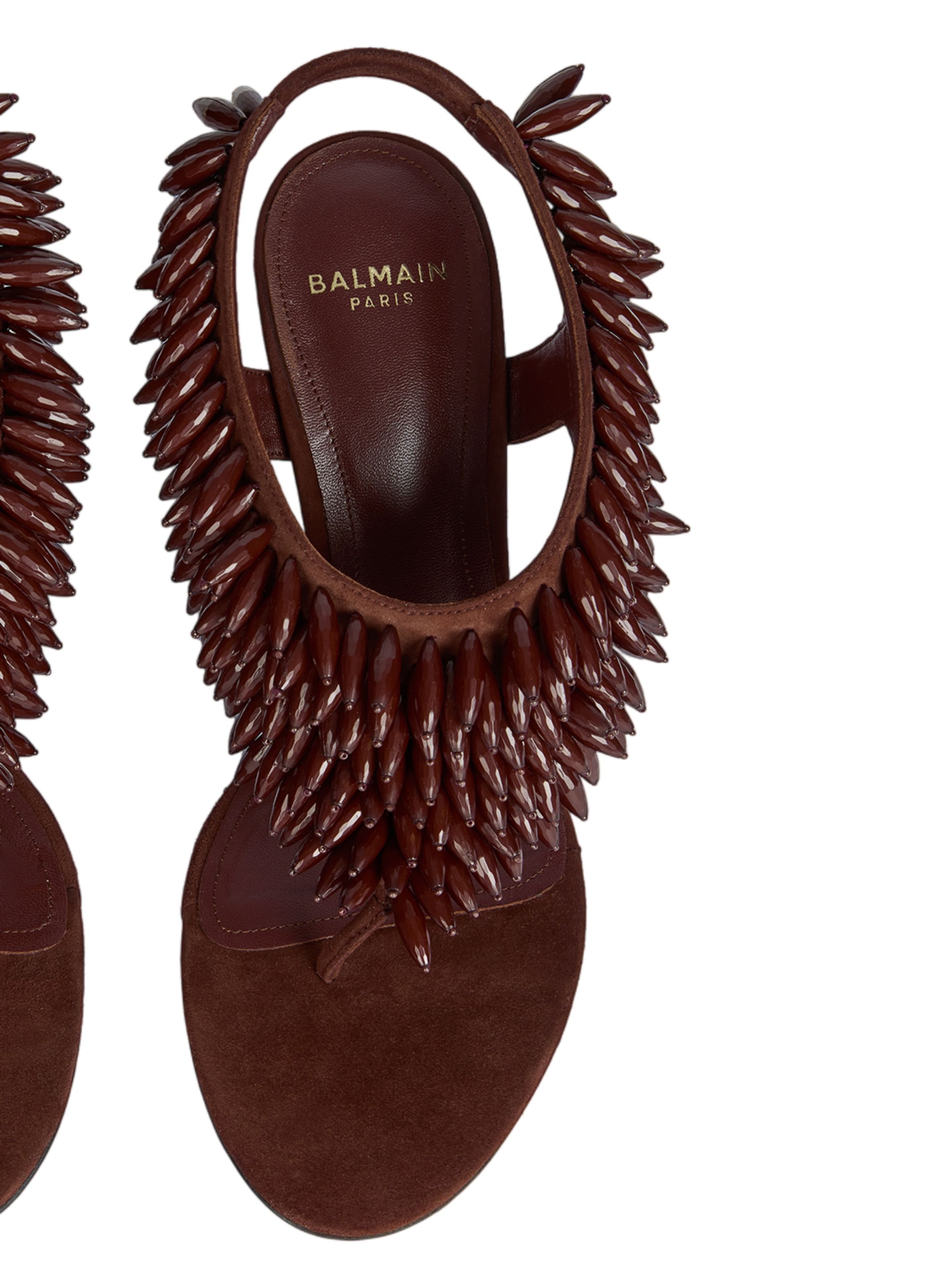 Sandales no wedge en cuir suédé et perles BALMAIN Marron