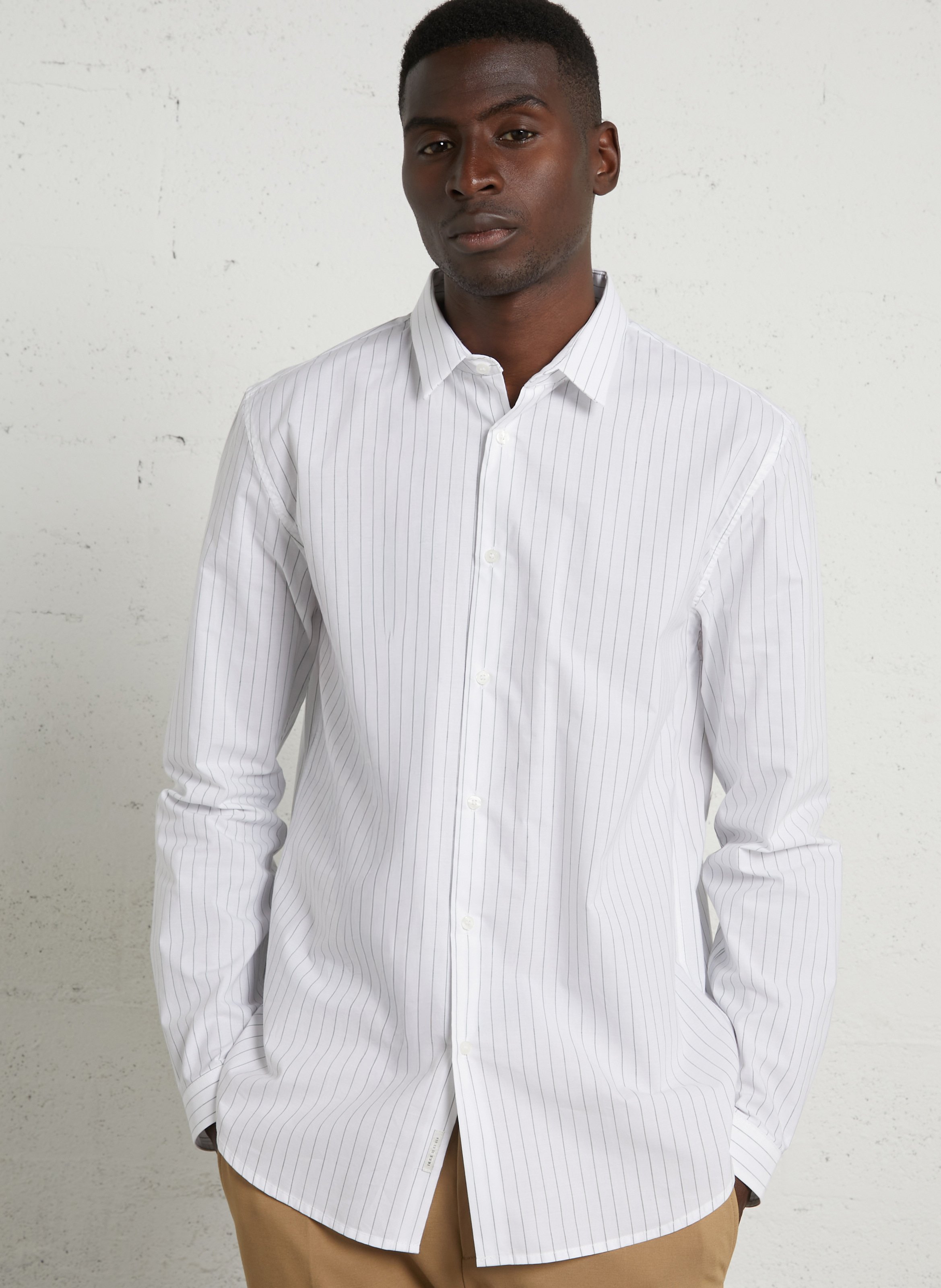 Chemise droite col classique en coton et lin mélangé rayé IKKS Vert