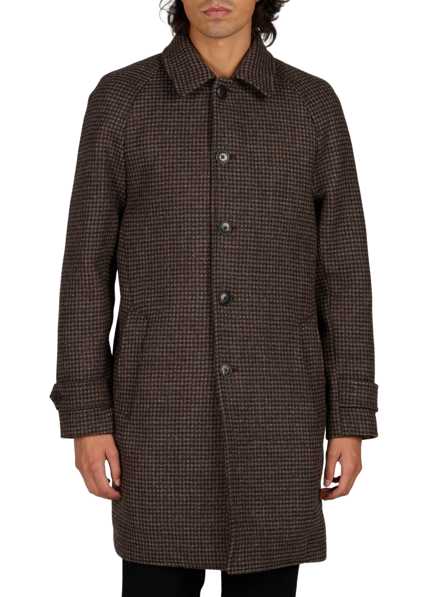 Manteau droit col classique motif pied-de-poule en laine mélangée HACKETT Marron