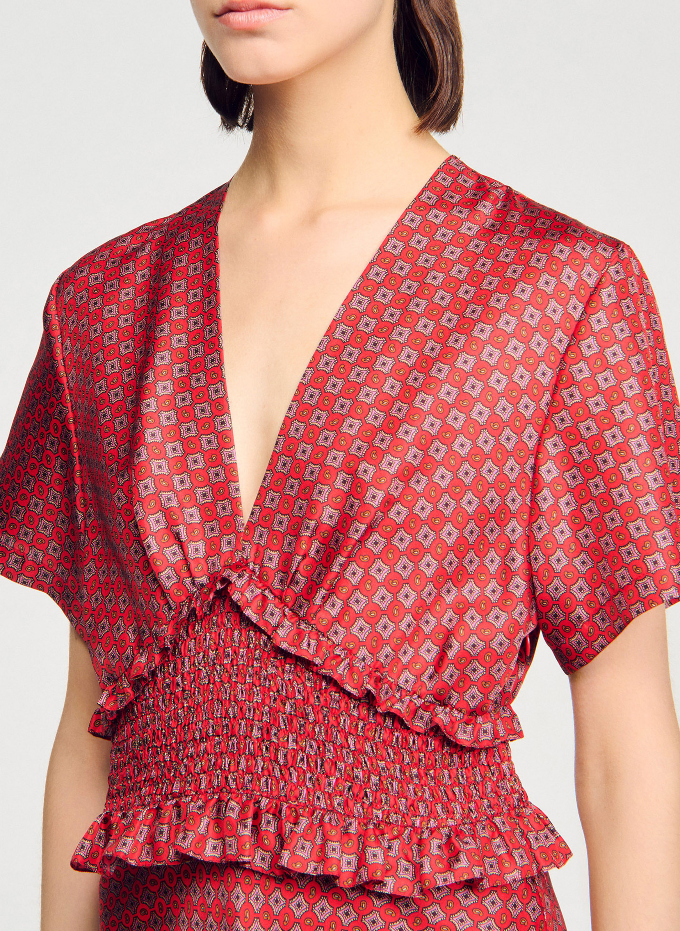 Robe longue col v cintrée à motifs SANDRO Rouge