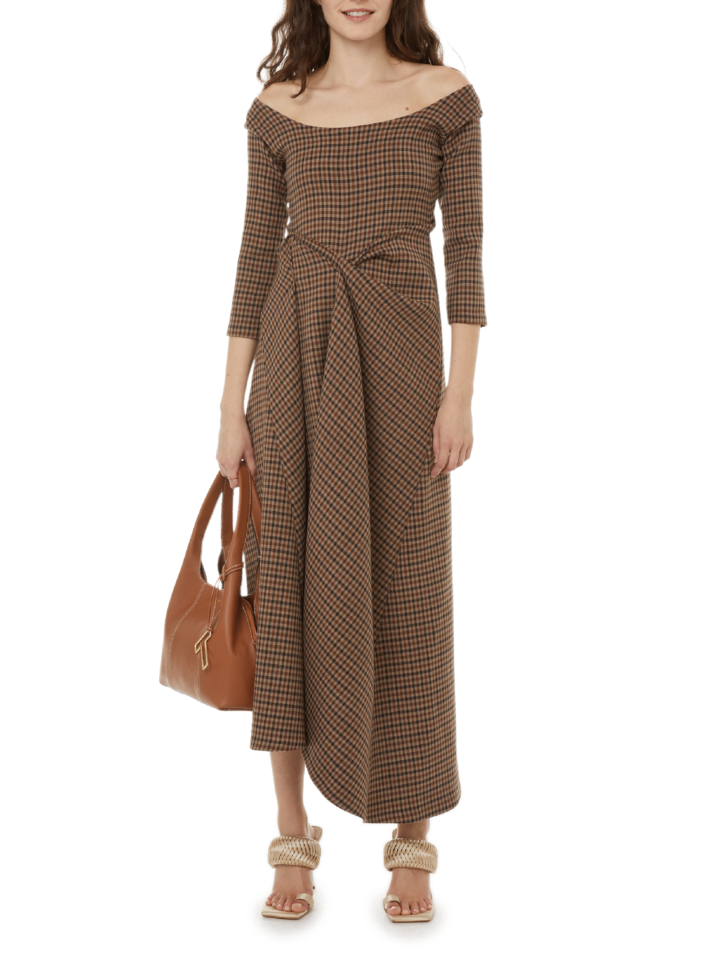 A.W.A.K.E. MODE Robe à carreaux en laine vierge mélangée Marron