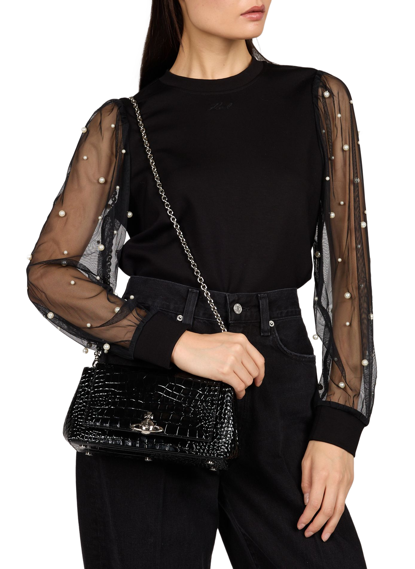 Sac porté épaule peau de crocodile en cuir  VIVIENNE WESTWOOD Noir
