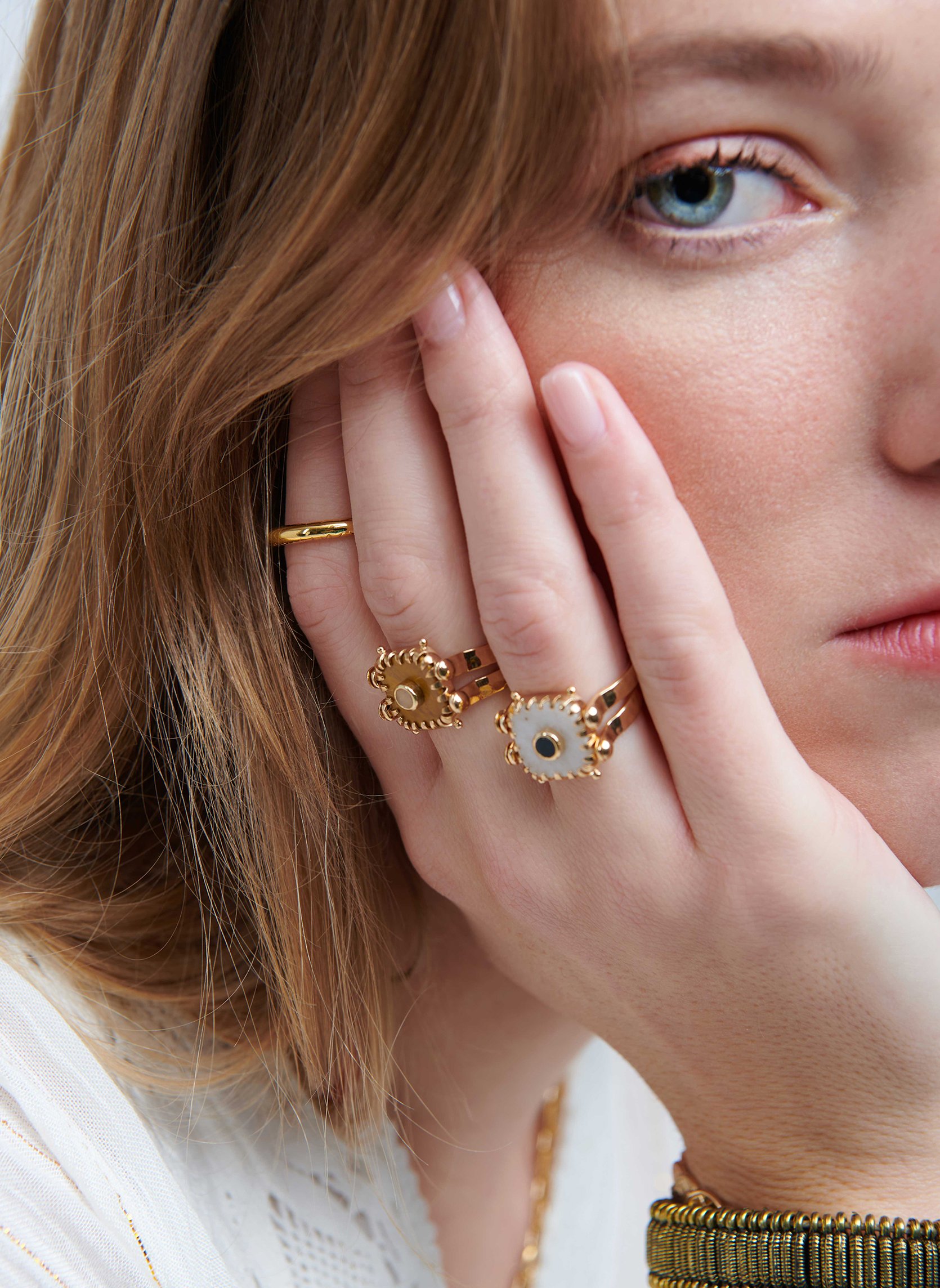 Bague avec cabohon réversible en laiton doré myre HIPANEMA Blanc