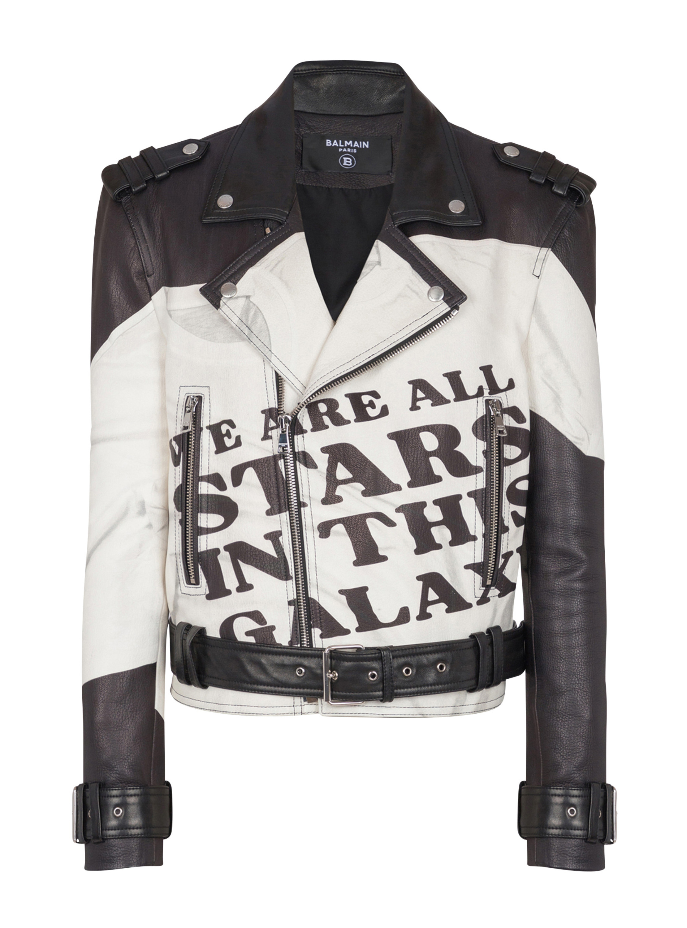 Veste biker en cuir imprimé t-shirt trompe-l'œil BALMAIN Noir