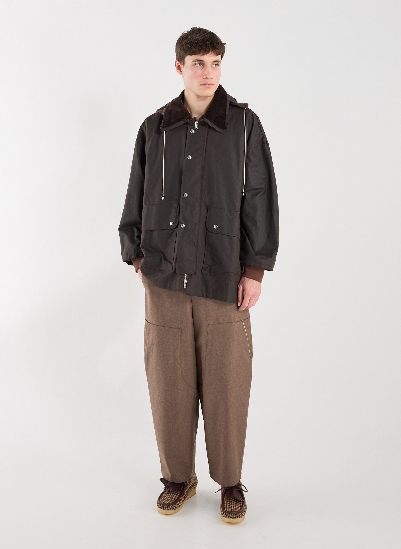 Oversized waxed cotton outerwear jacket Brown