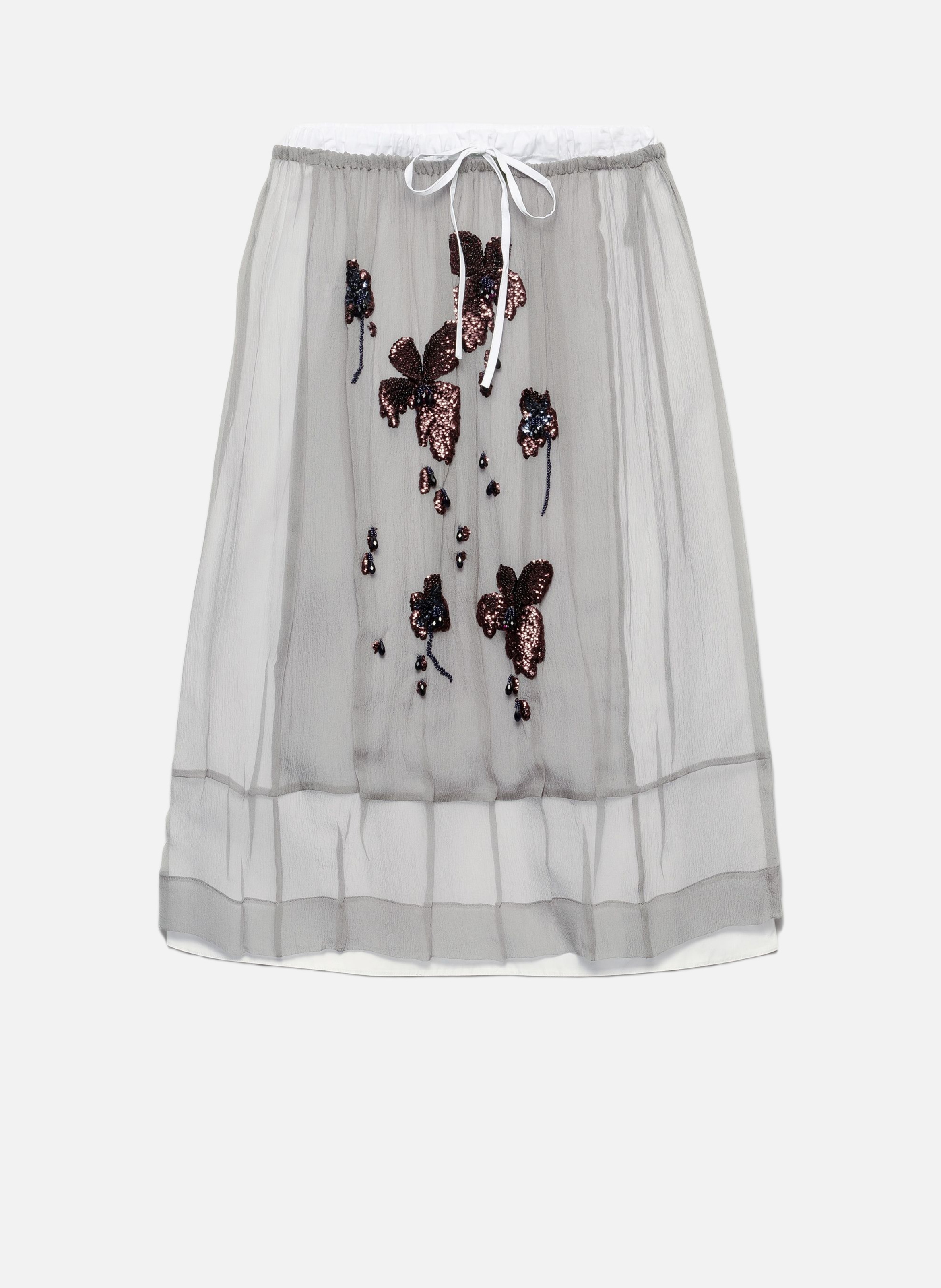 Jupe midi en mousseline brodée PRADA Gris