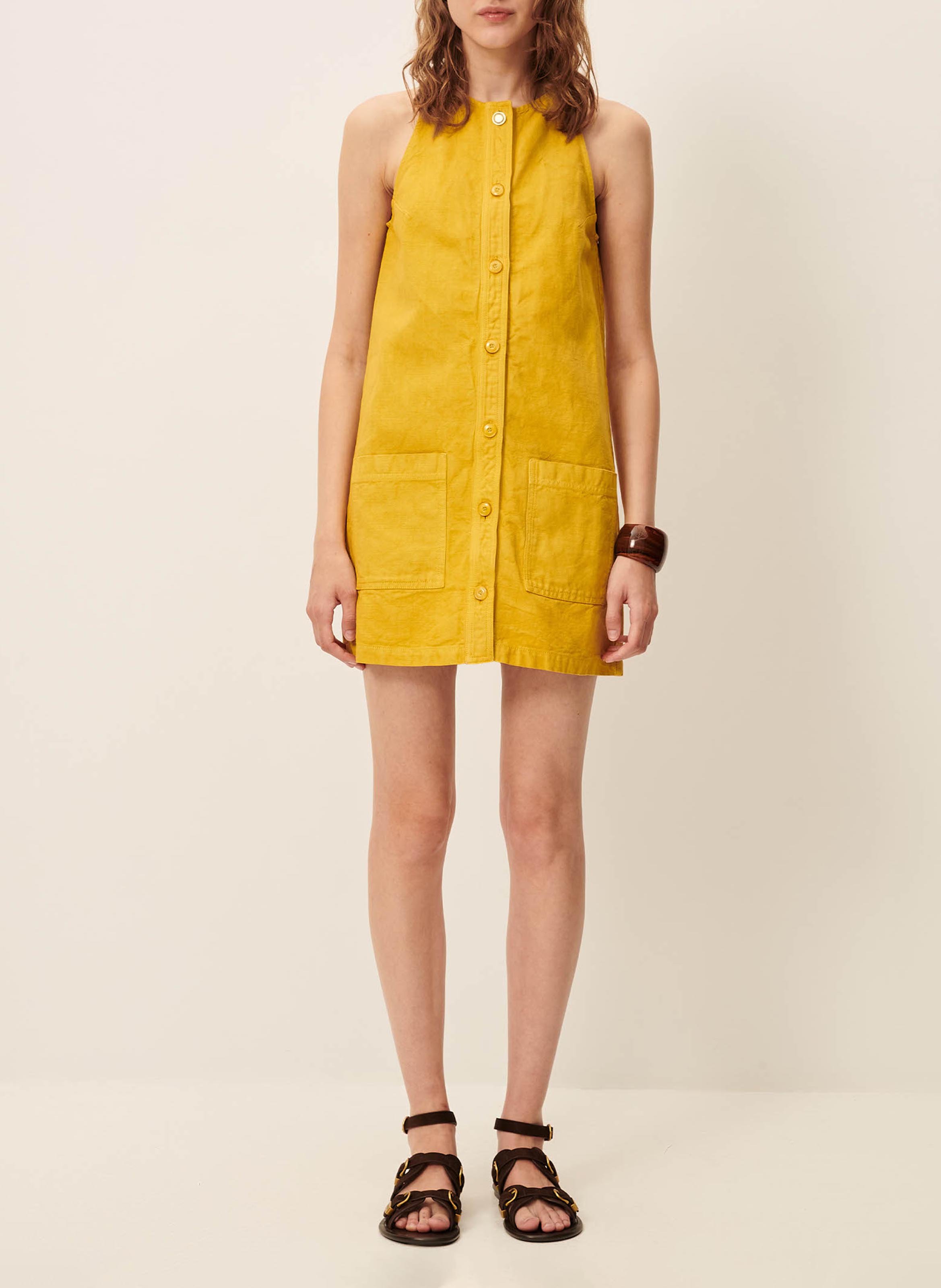 Robe courte col rond en coton et lin mélangé ondine SESSUN Jaune