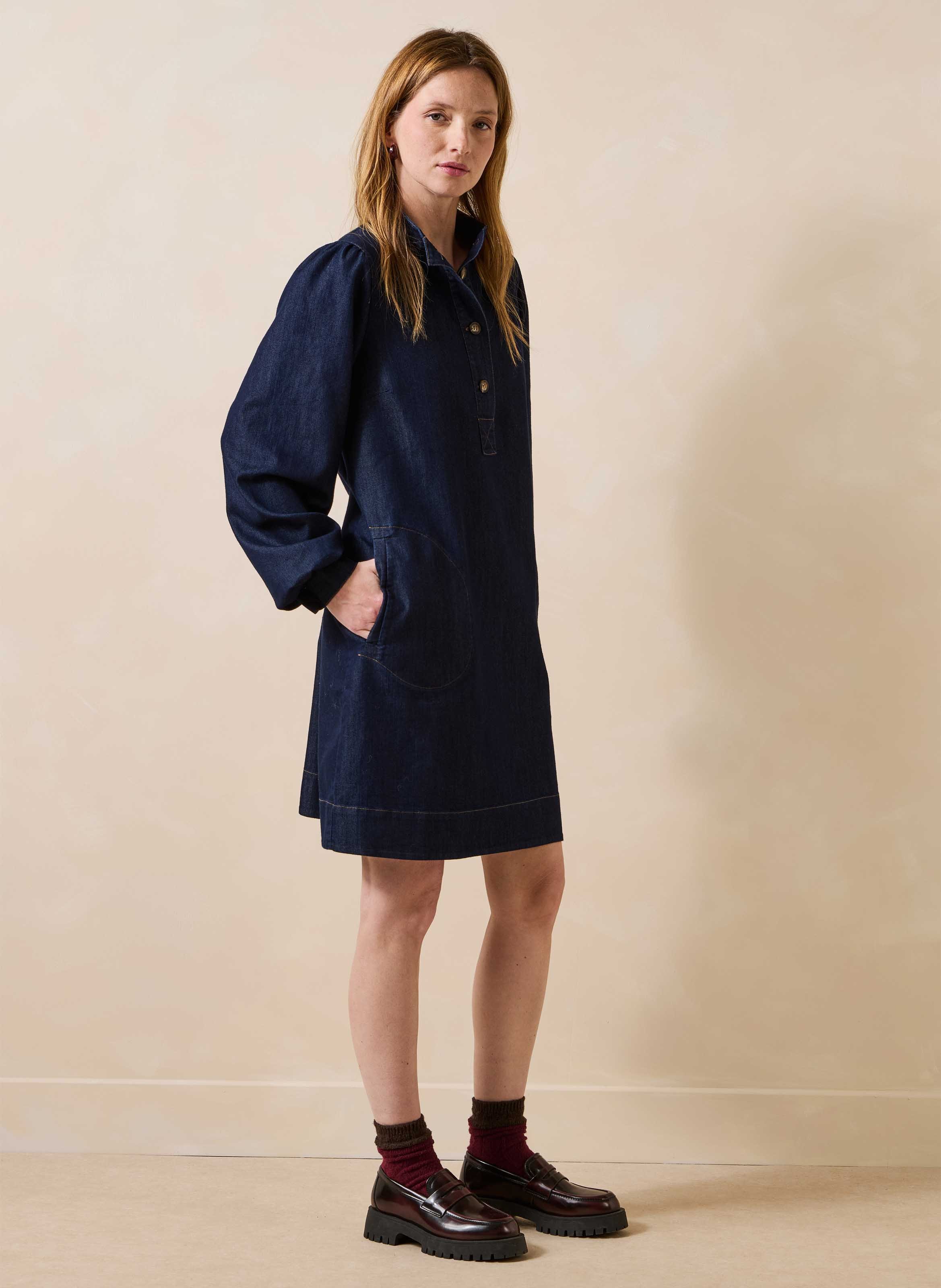 Korte denimjurk met losse pasvorm van katoenmix LA FEE MARABOUTEE Blauw