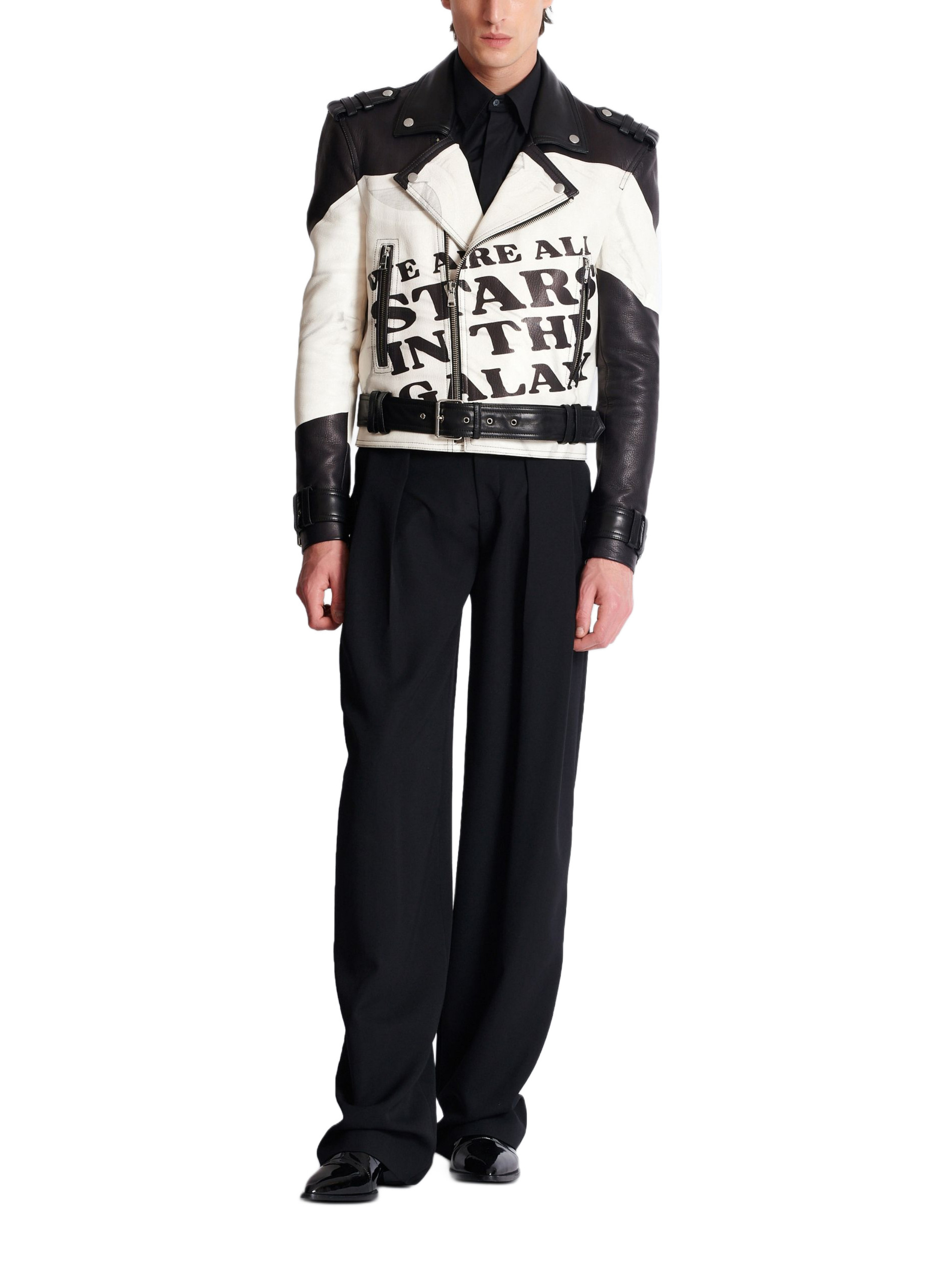 Veste biker en cuir imprimé t-shirt trompe-l'œil BALMAIN Noir