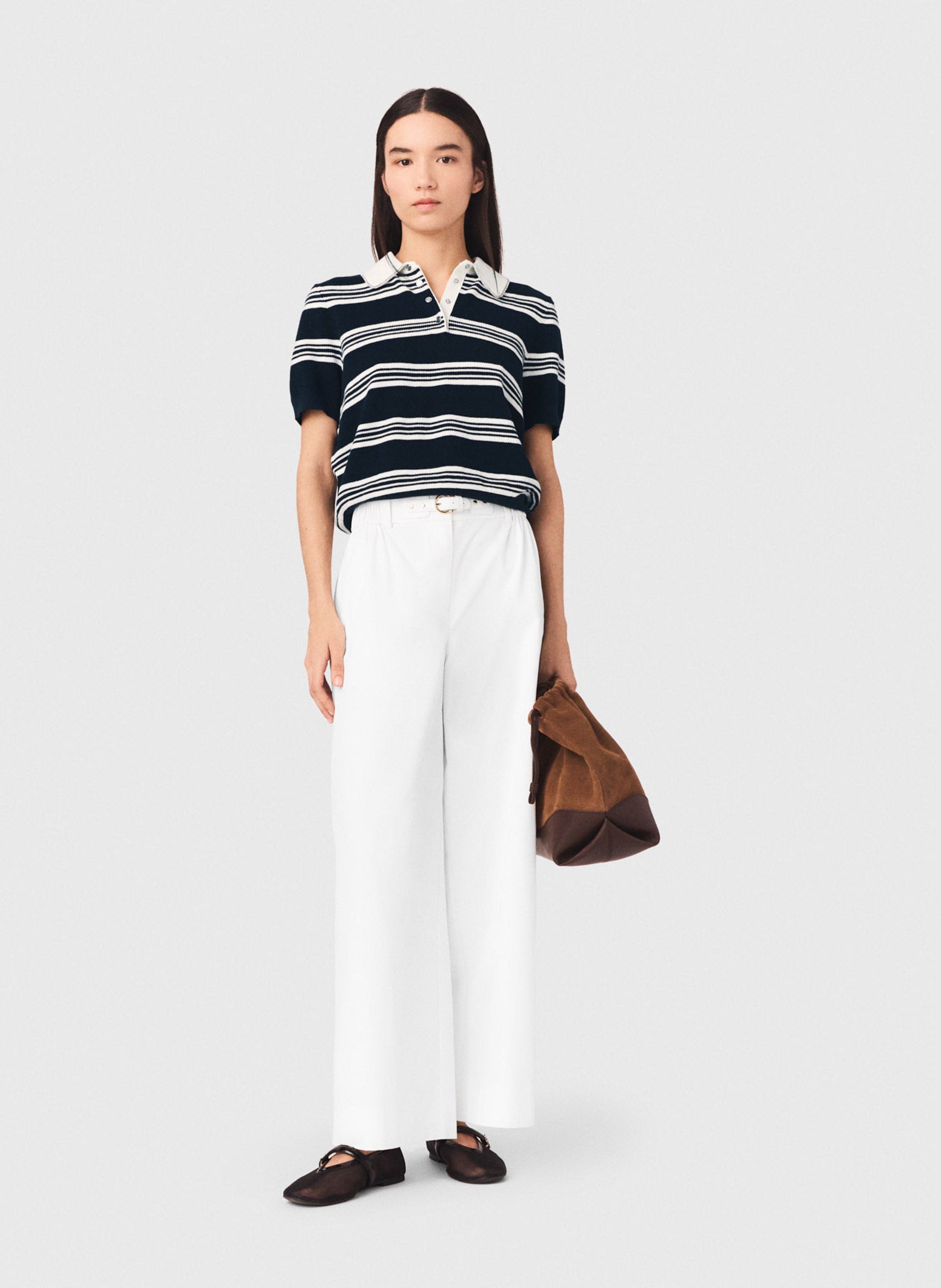 Pantalon large taille haute en coton MAJE Blanc