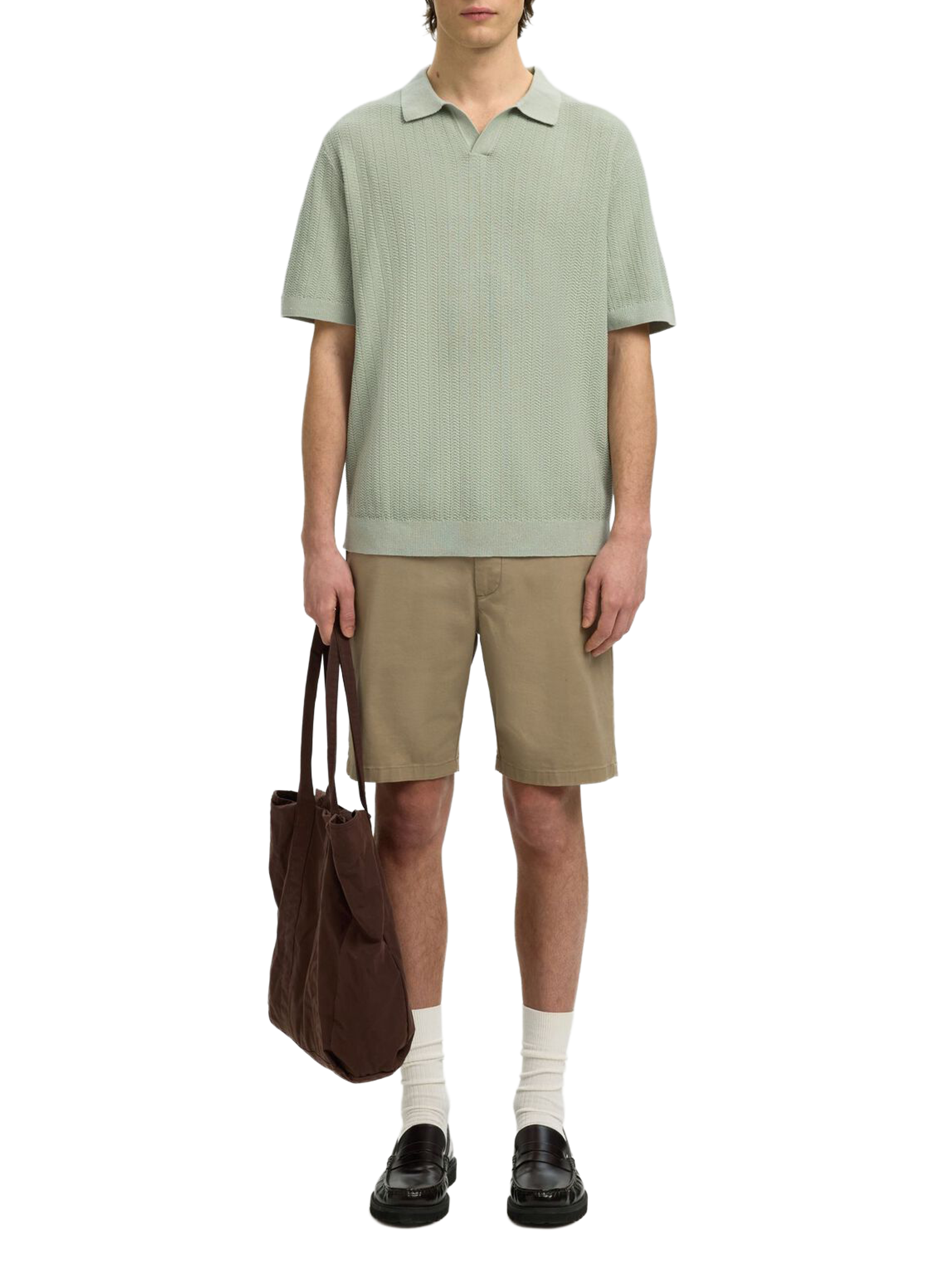 Short-sleeved polo in cotton and linen SELECTED Green