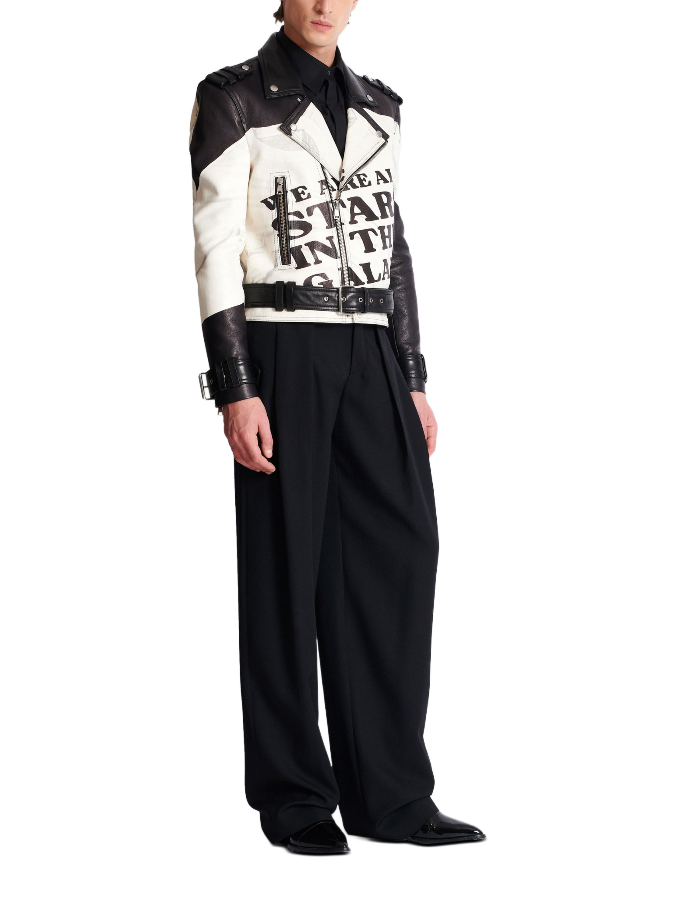 Veste biker en cuir imprimé t-shirt trompe-l'œil BALMAIN Noir