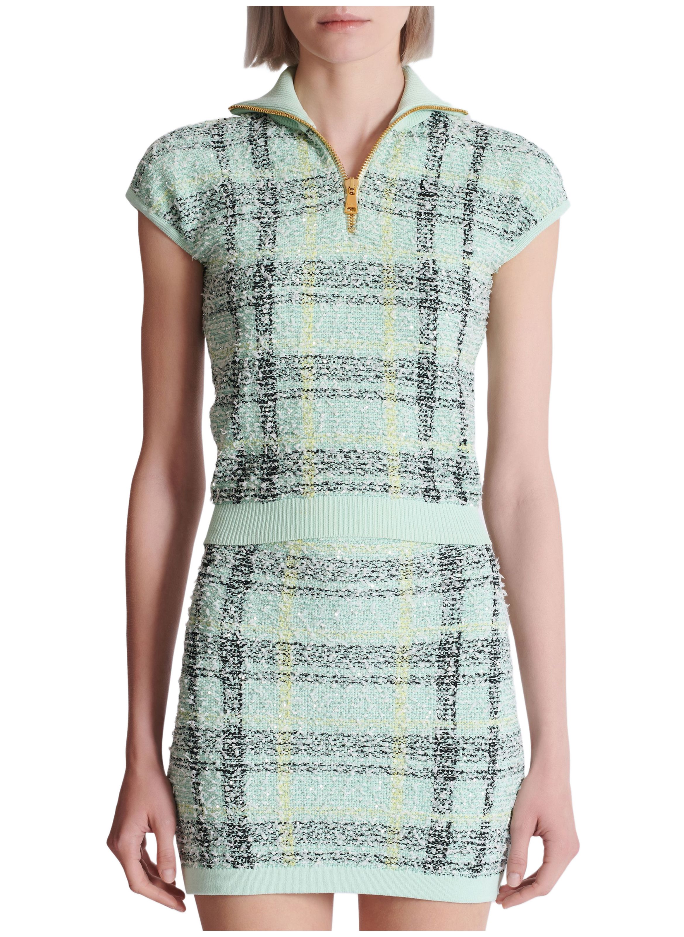 Top sans manche en tweed tartan BALMAIN Vert