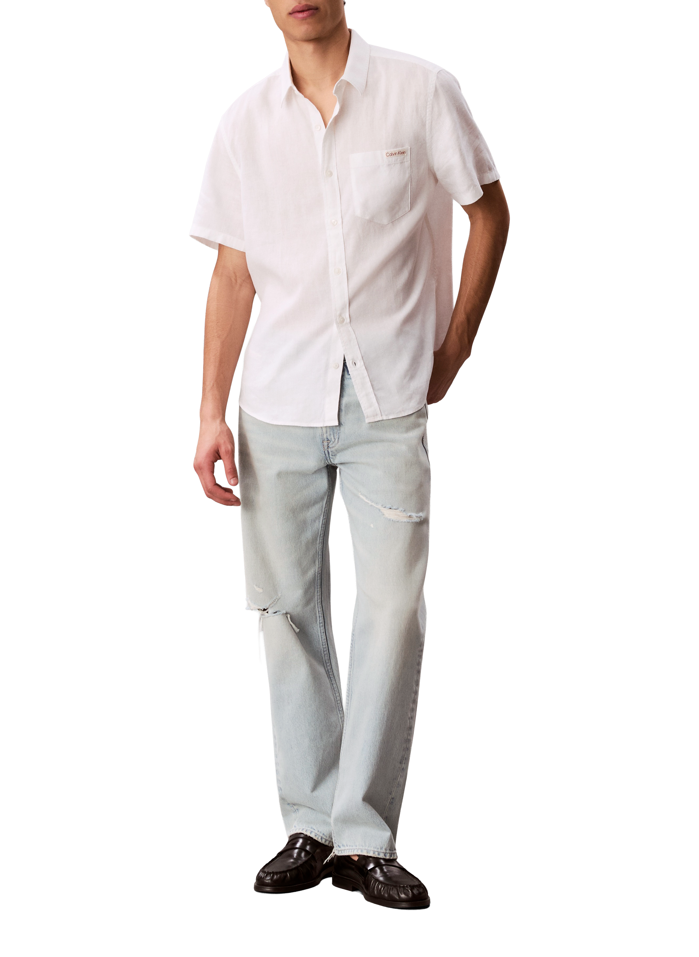 Straight short-sleeved shirt in blended linen CALVIN KLEIN White