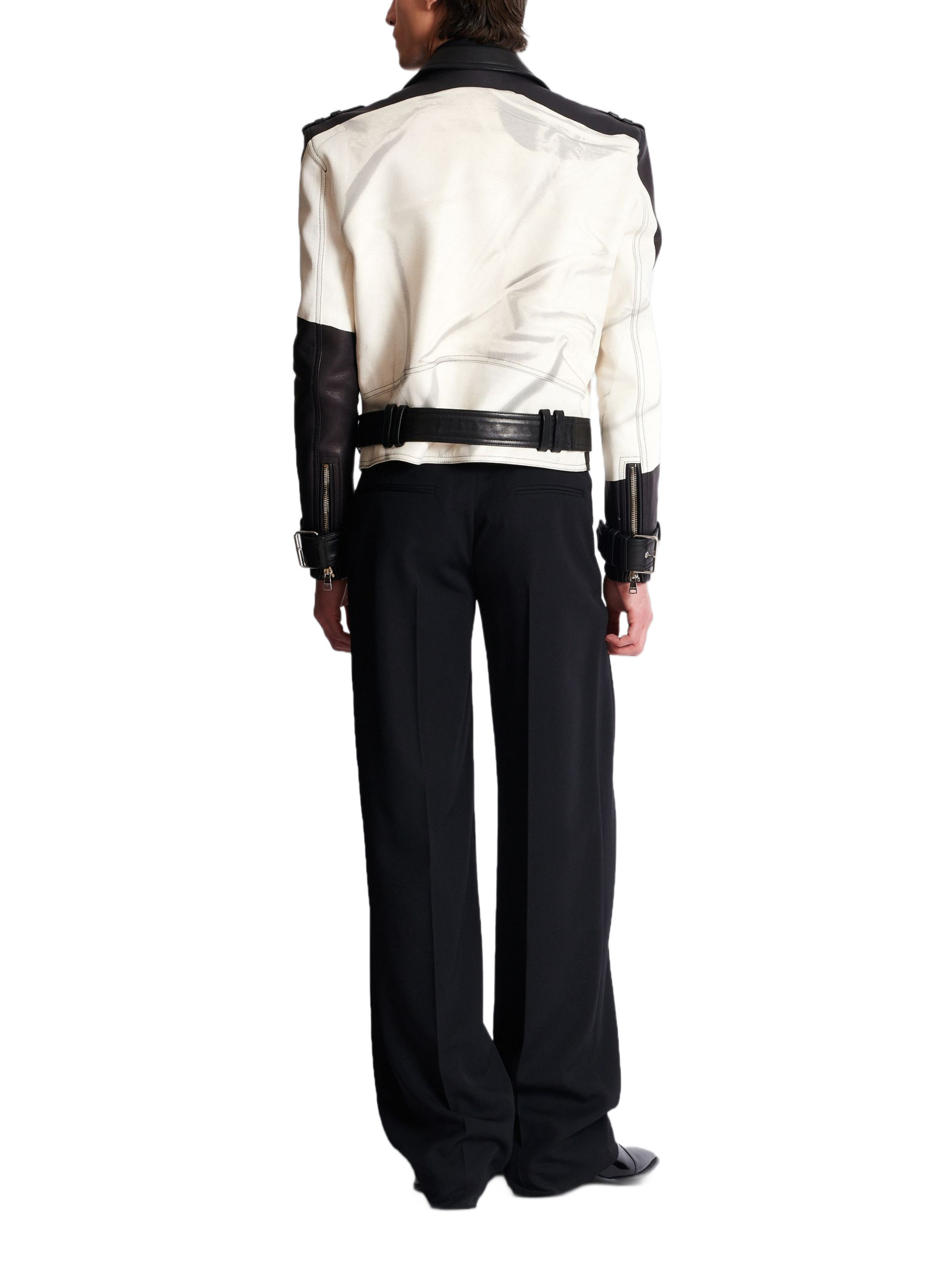 Veste biker en cuir imprimé t-shirt trompe-l'œil BALMAIN Noir