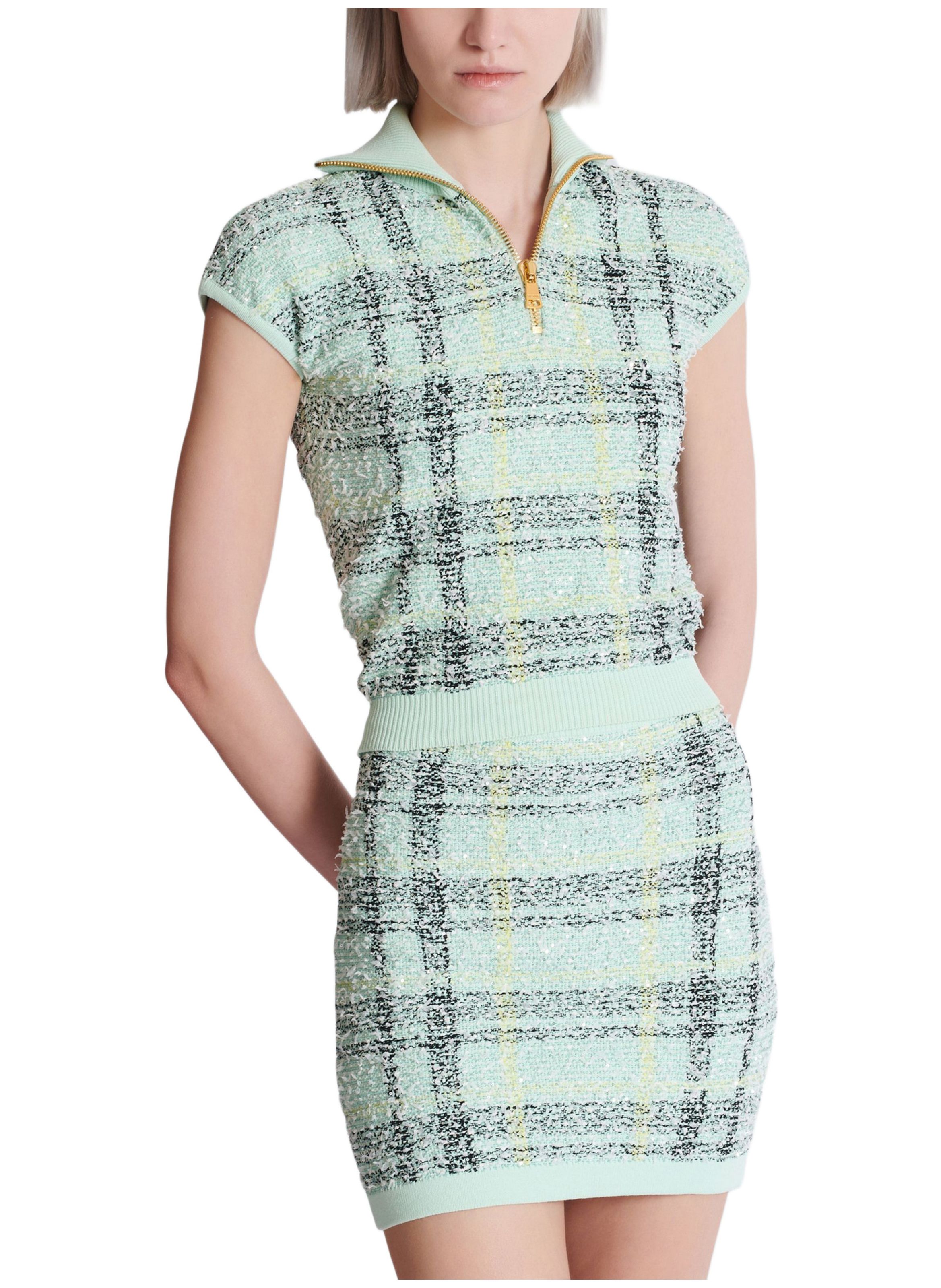 Top sans manche en tweed tartan BALMAIN Vert