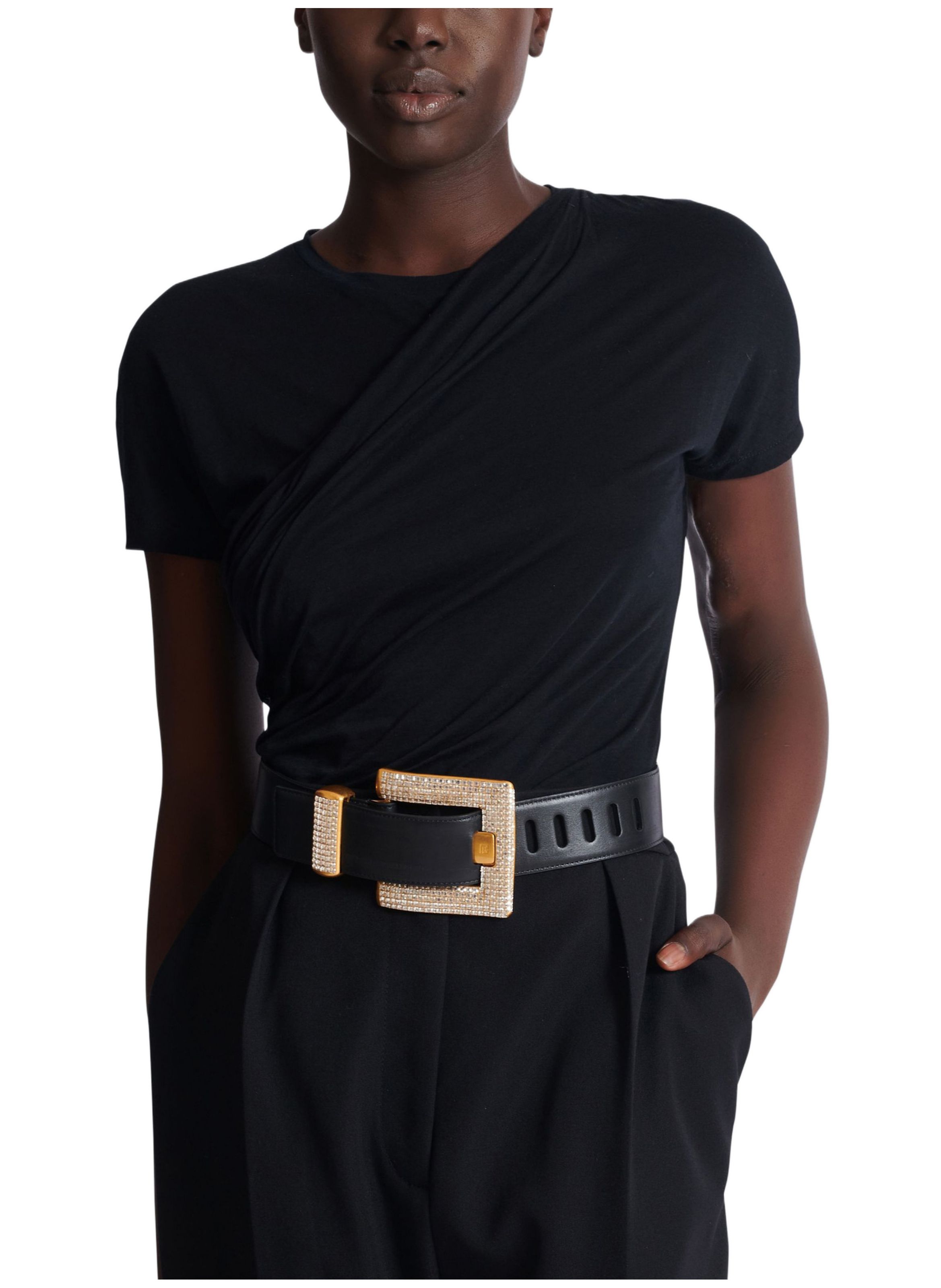 Ceinture anthem en cuir de veau et cristaux BALMAIN Noir
