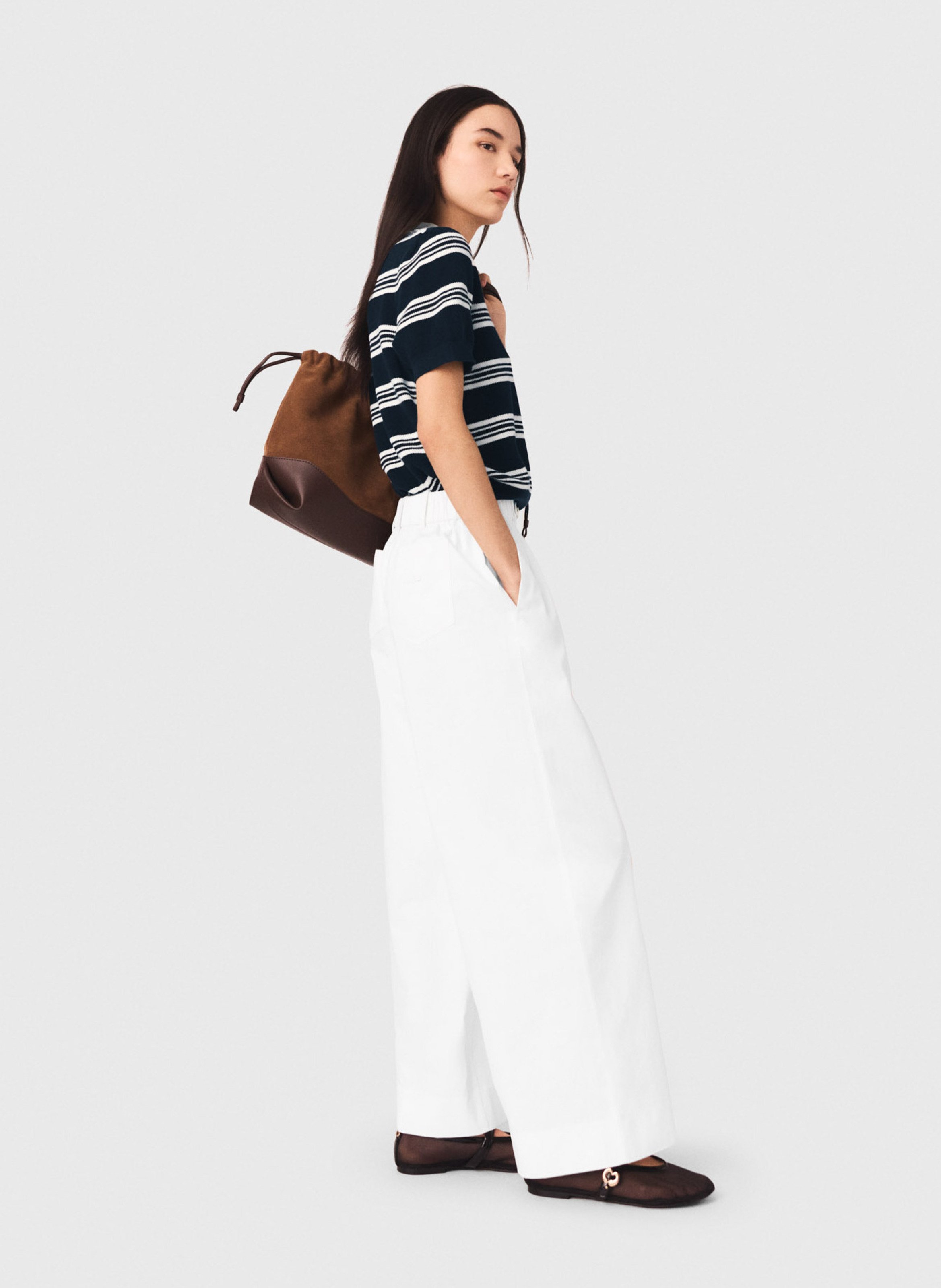 Pantalon large taille haute en coton MAJE Blanc