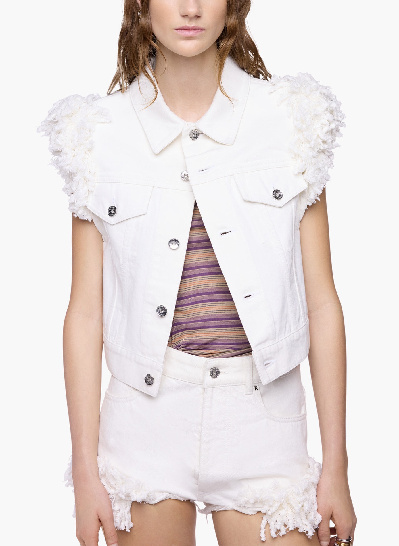 Veste en denim ajustée avec franges RABANNE Blanc