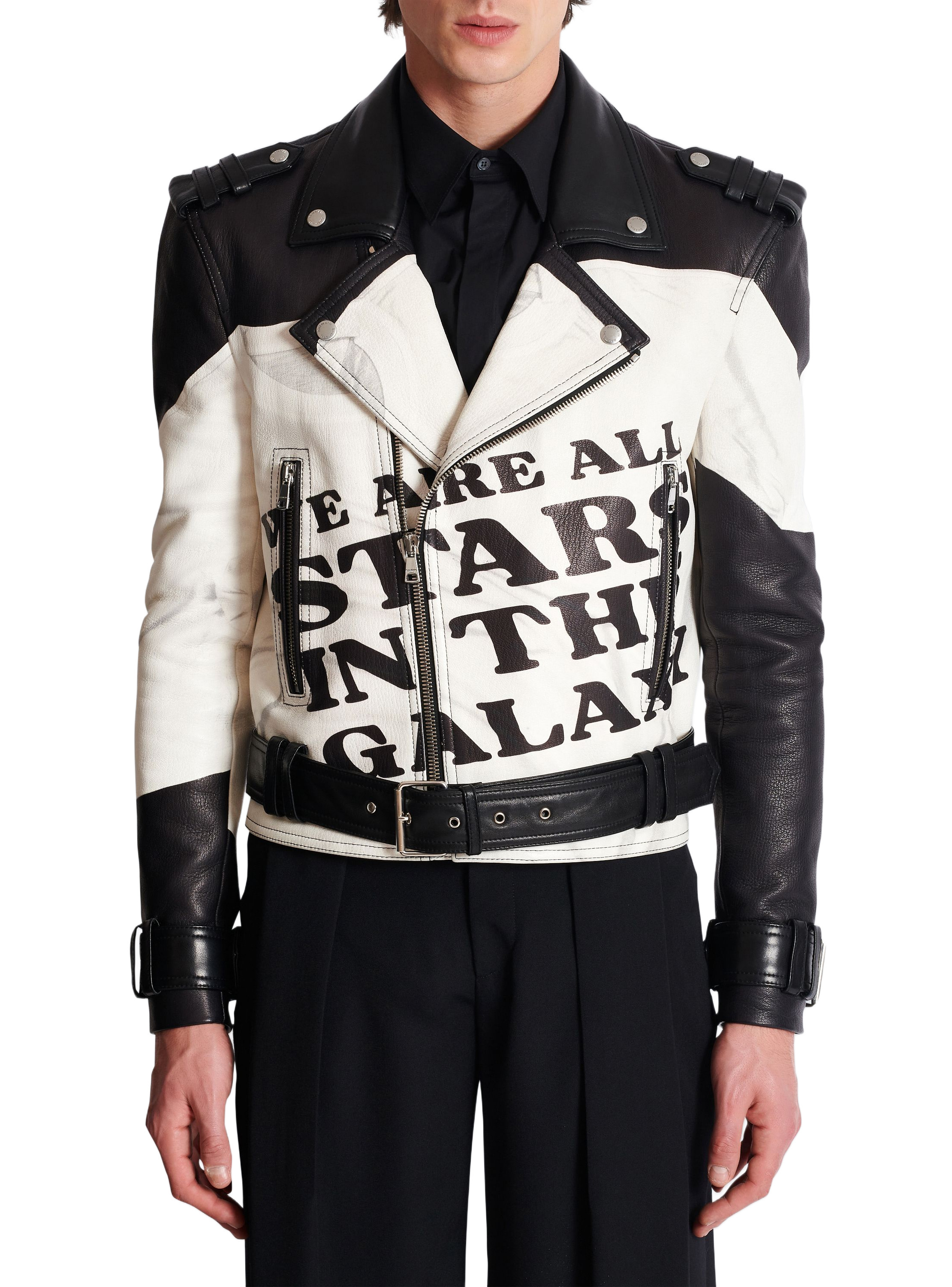 Veste biker en cuir imprimé t-shirt trompe-l'œil BALMAIN Noir