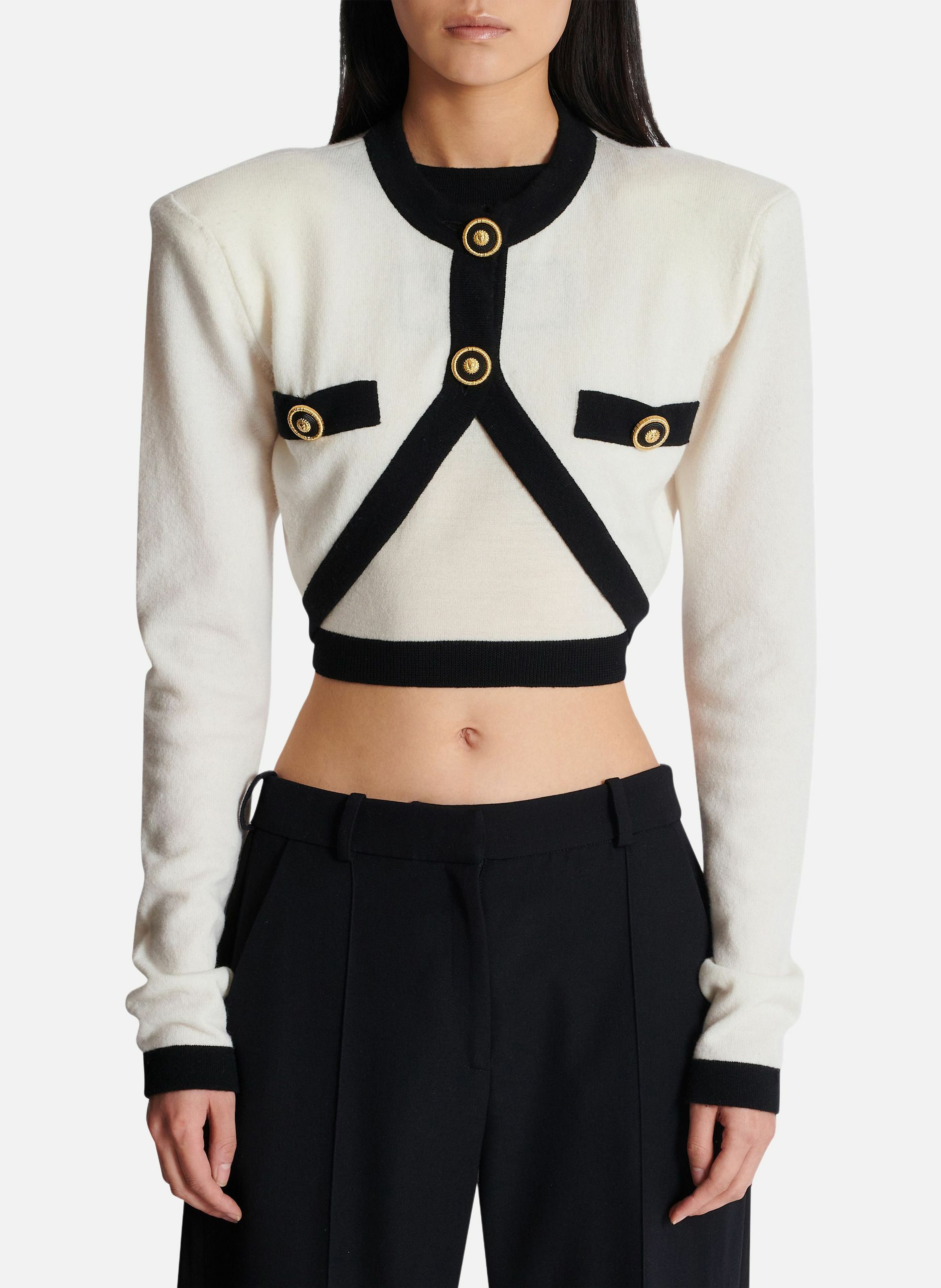 Pull en maille avec cardigan en trompe-l'œil BALMAIN Beige