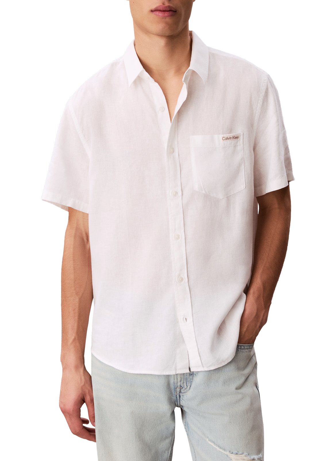 Straight short-sleeved shirt in blended linen CALVIN KLEIN White