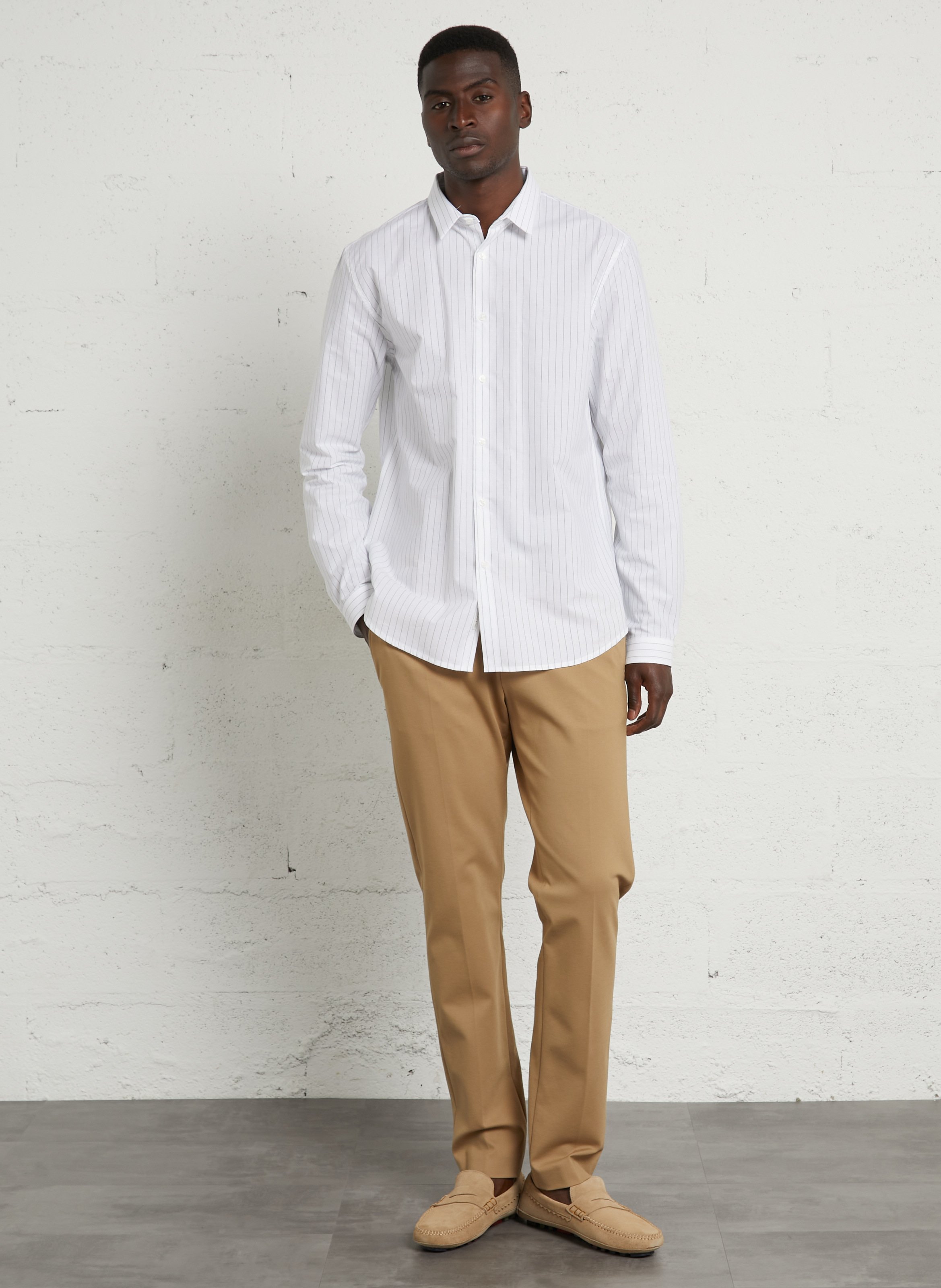 Chemise droite col classique en coton et lin mélangé rayé IKKS Vert