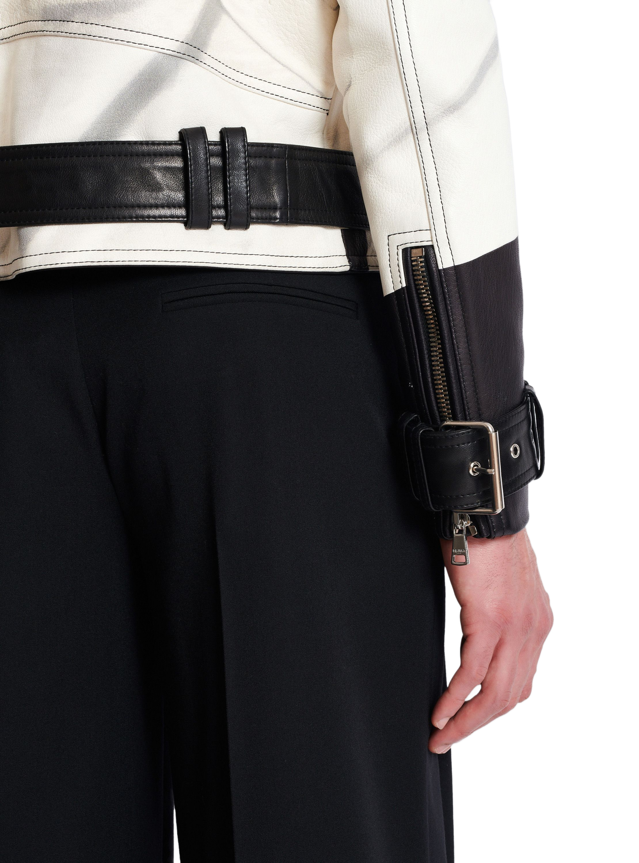 Veste biker en cuir imprimé t-shirt trompe-l'œil BALMAIN Noir