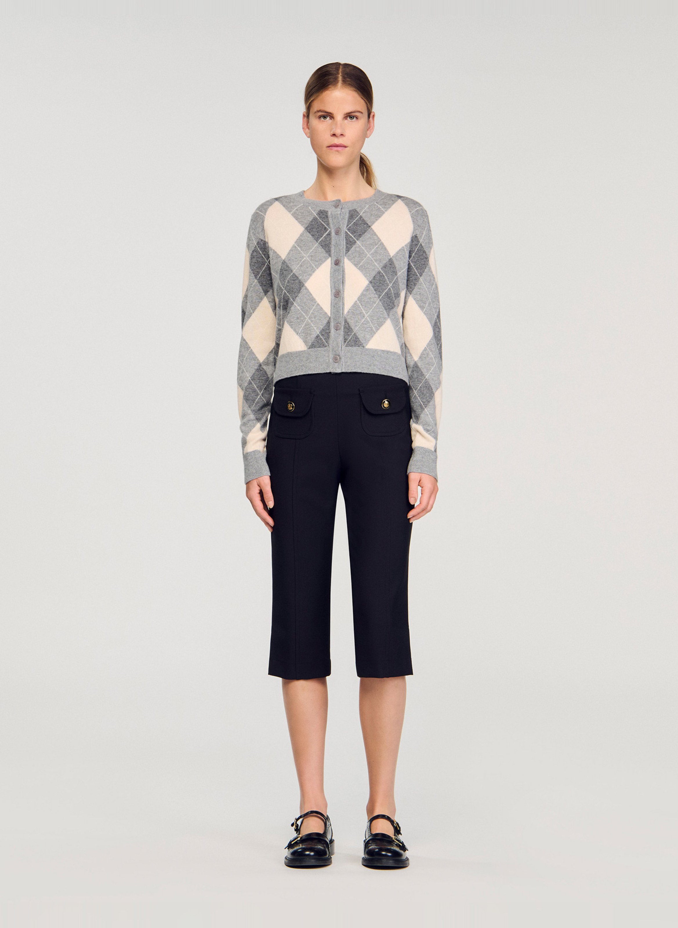 Cardigan court imprimé en laine mélangée Gris