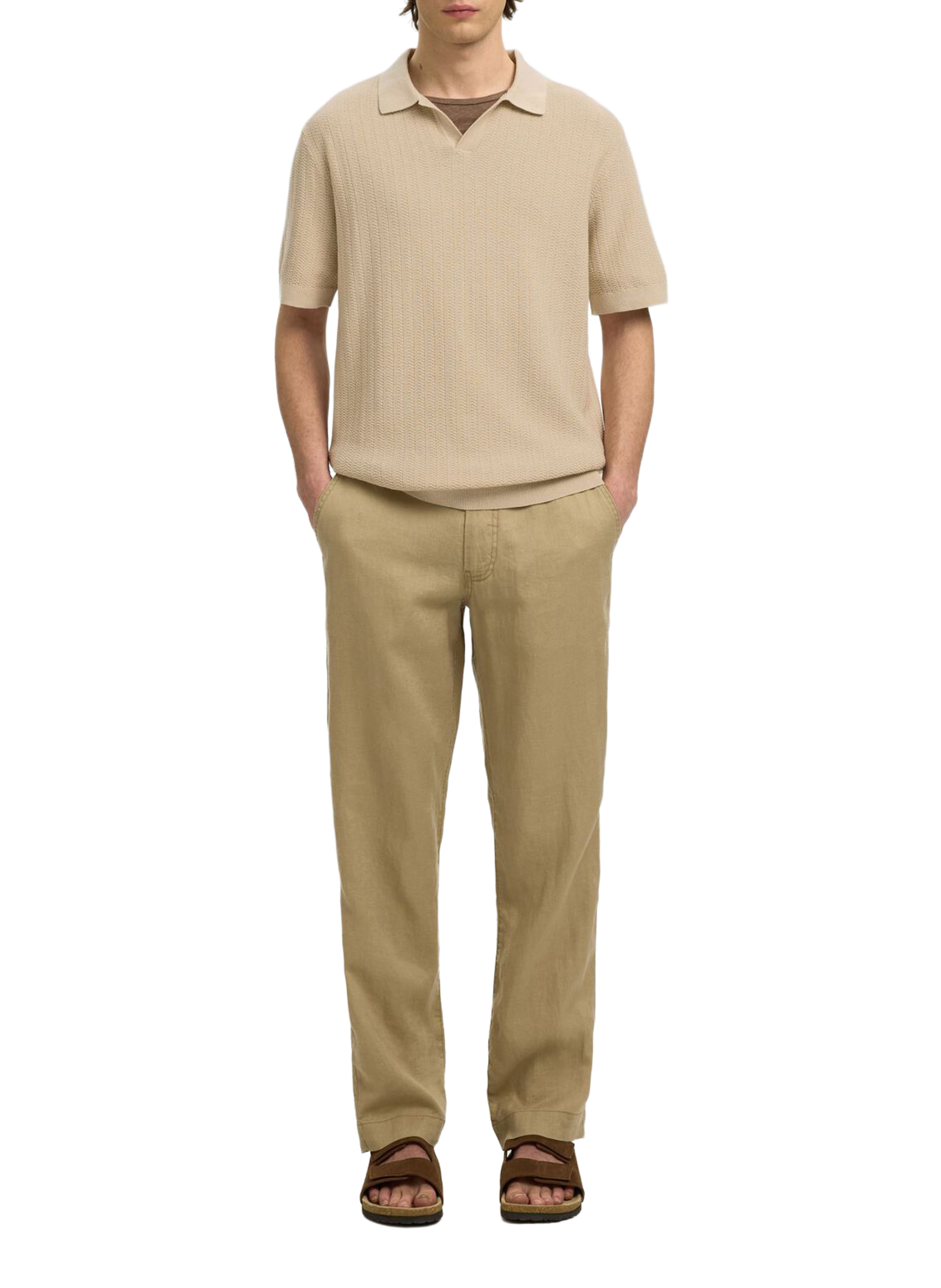 Short-sleeved polo in cotton and linen SELECTED Beige