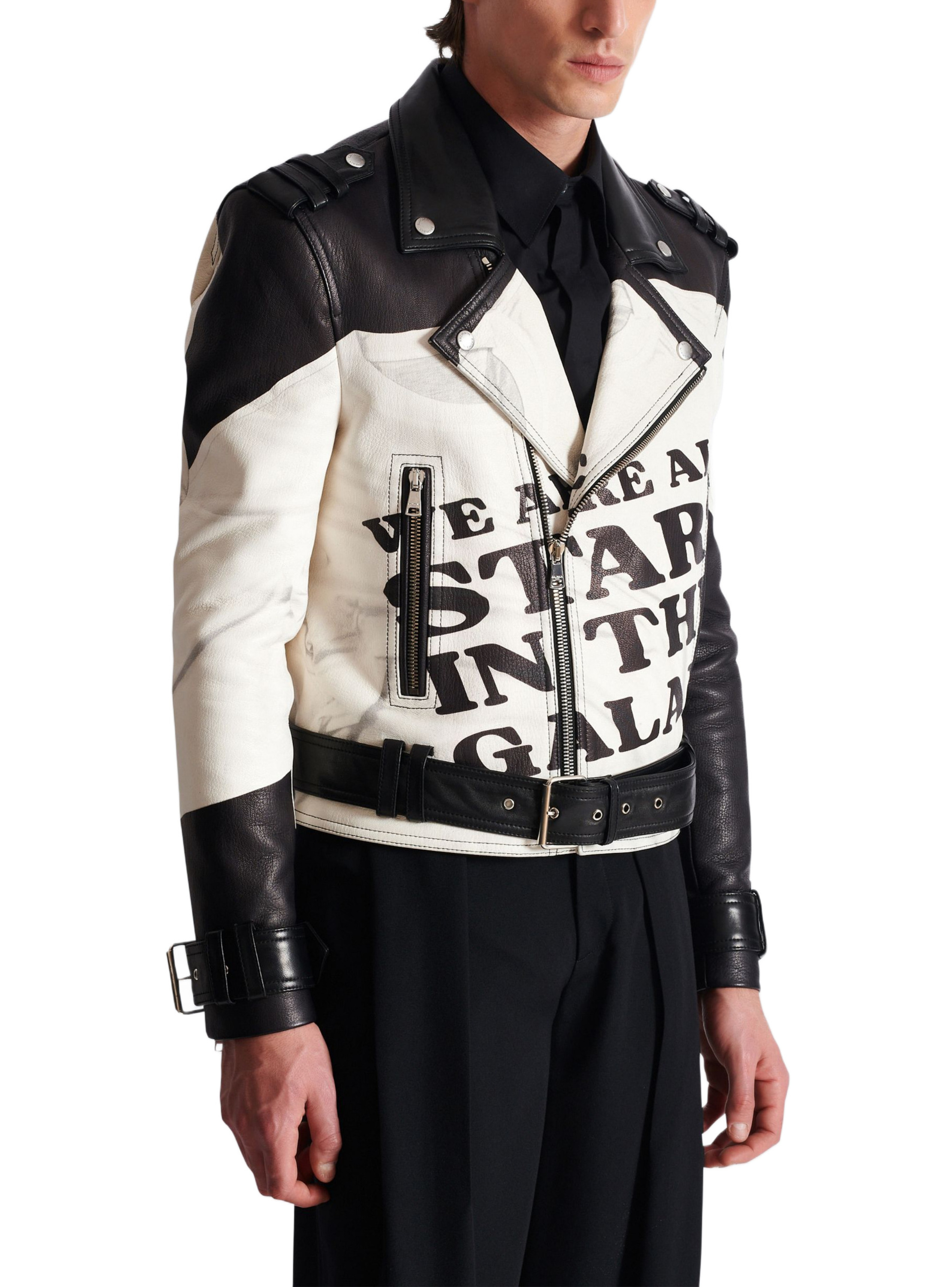 Veste biker en cuir imprimé t-shirt trompe-l'œil BALMAIN Noir