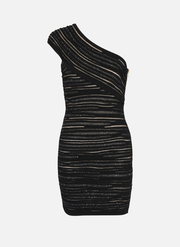 Robe asymétrique en maille roulottée brillante Noir by BALMAIN BALMAIN Robe asymétrique en maille roulottée brillante Noir