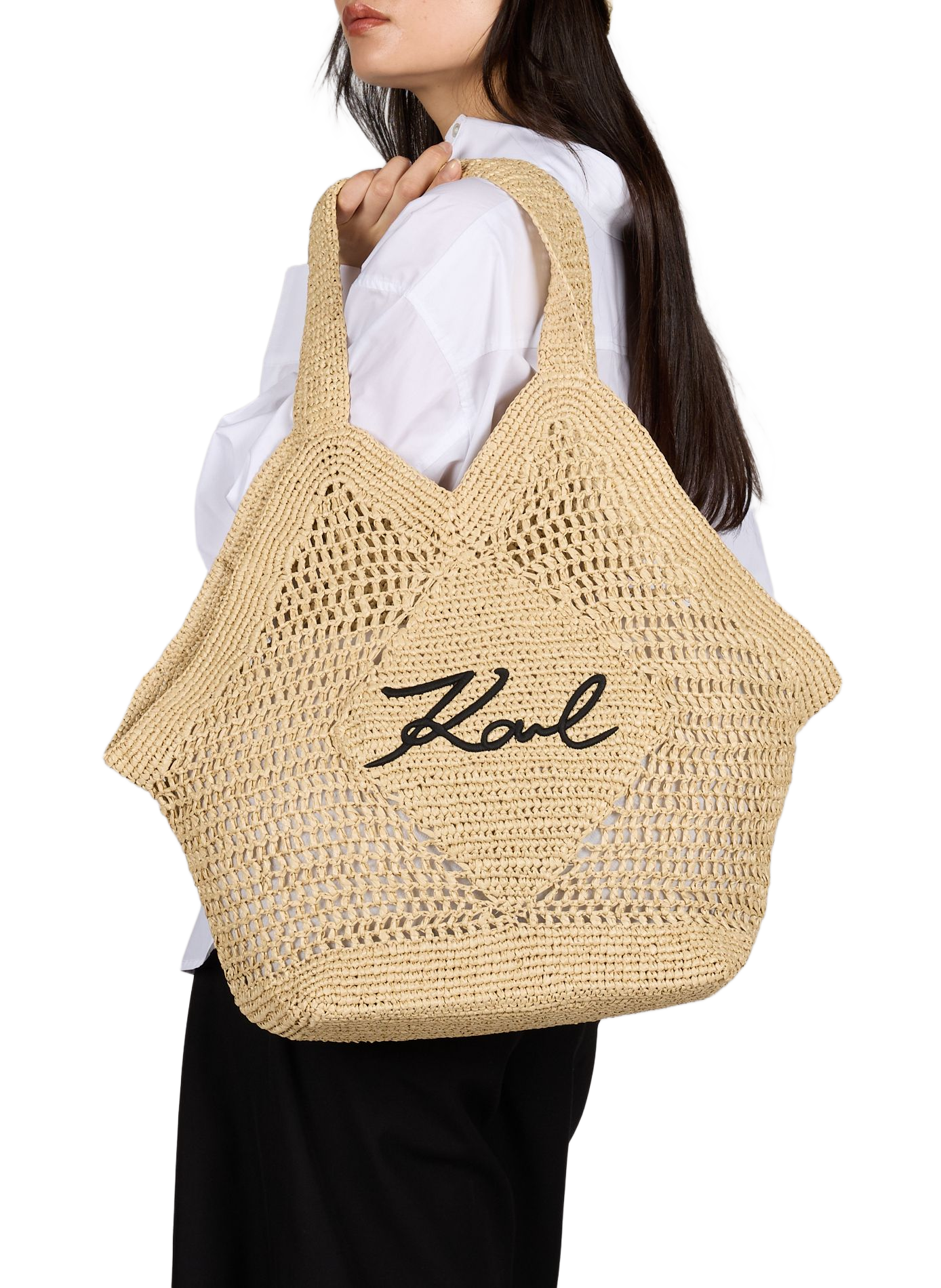 Raffia beach bag with logo KARL LAGERFELD Brown