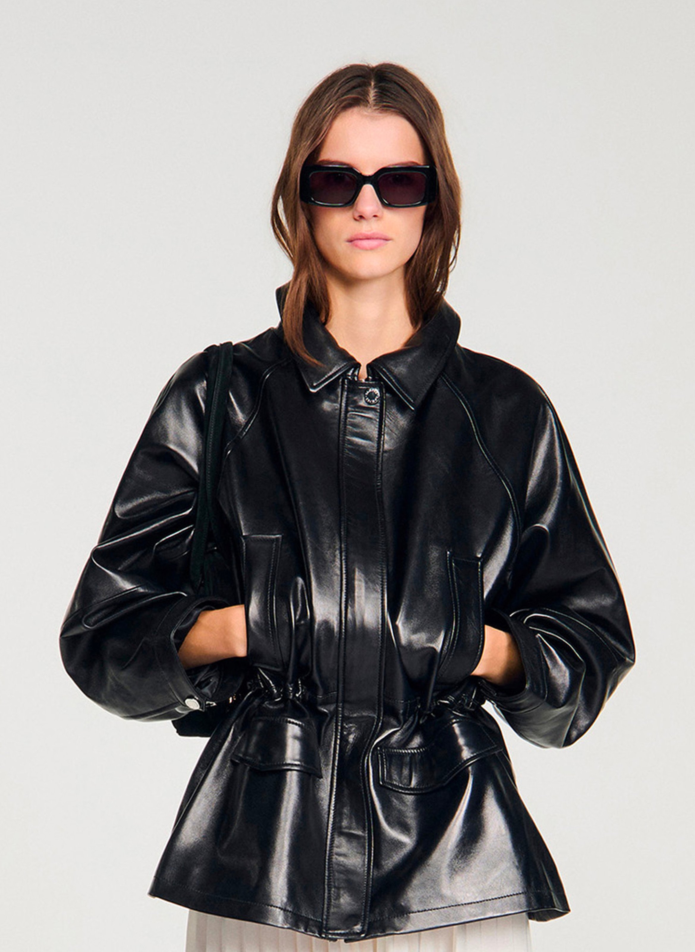 Veste col classique en cuir SANDRO Noir