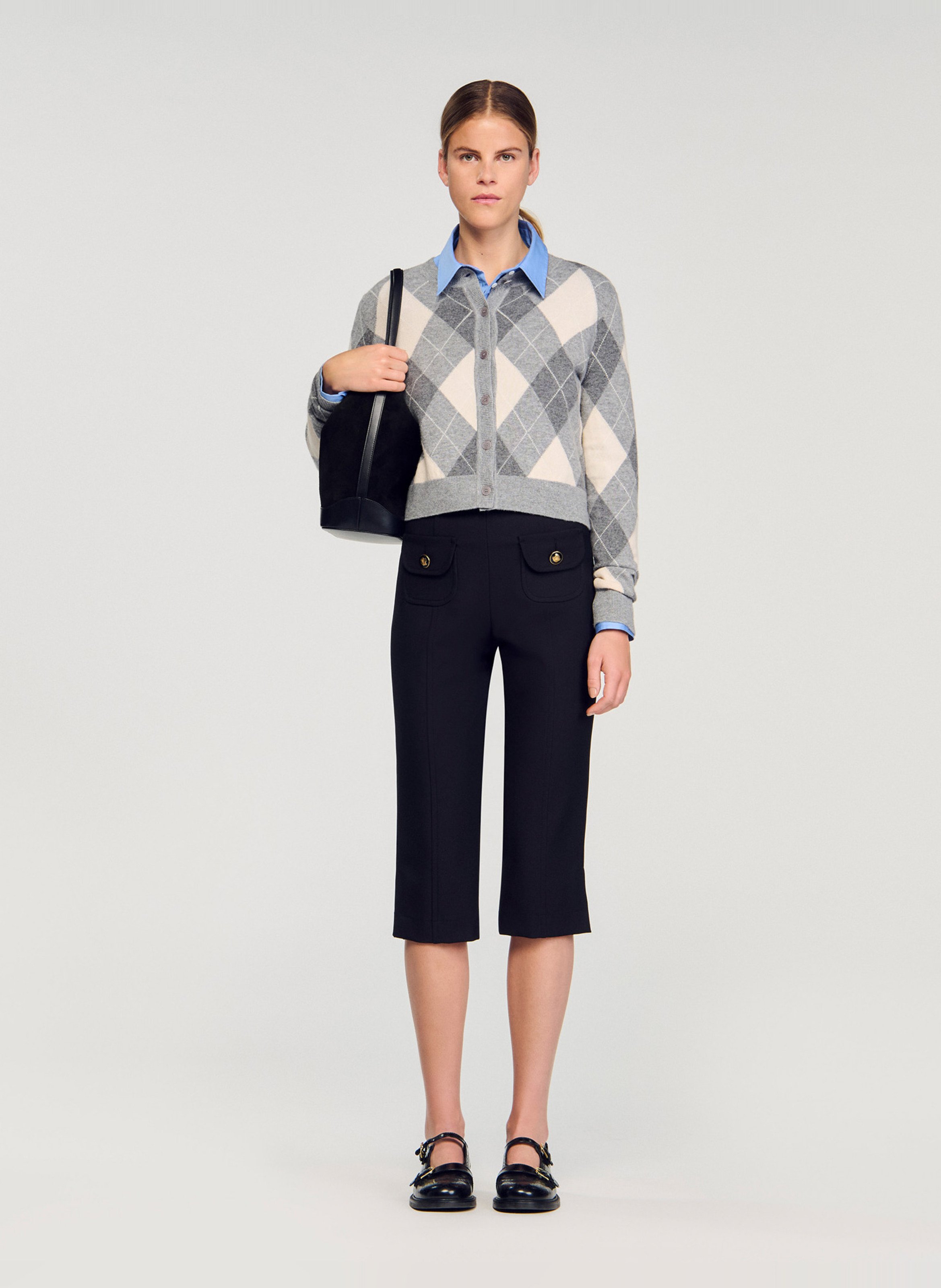 Cardigan court imprimé en laine mélangée Gris