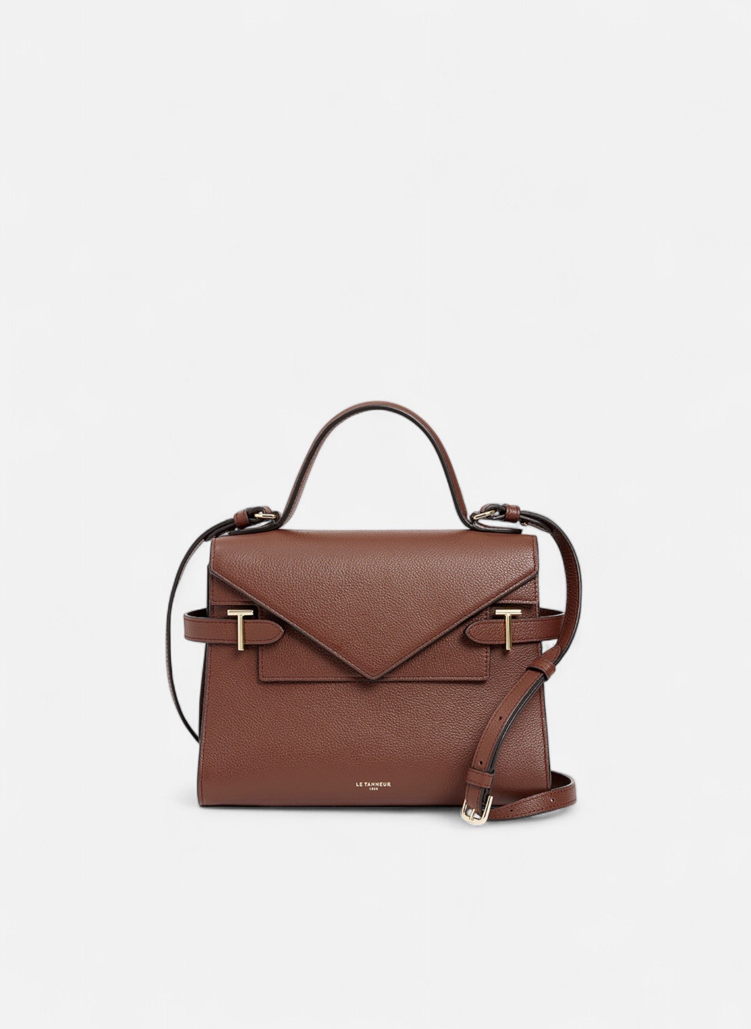 Sac à main double rabat moyen modèle emilie en cuir grainé LE TANNEUR Marron