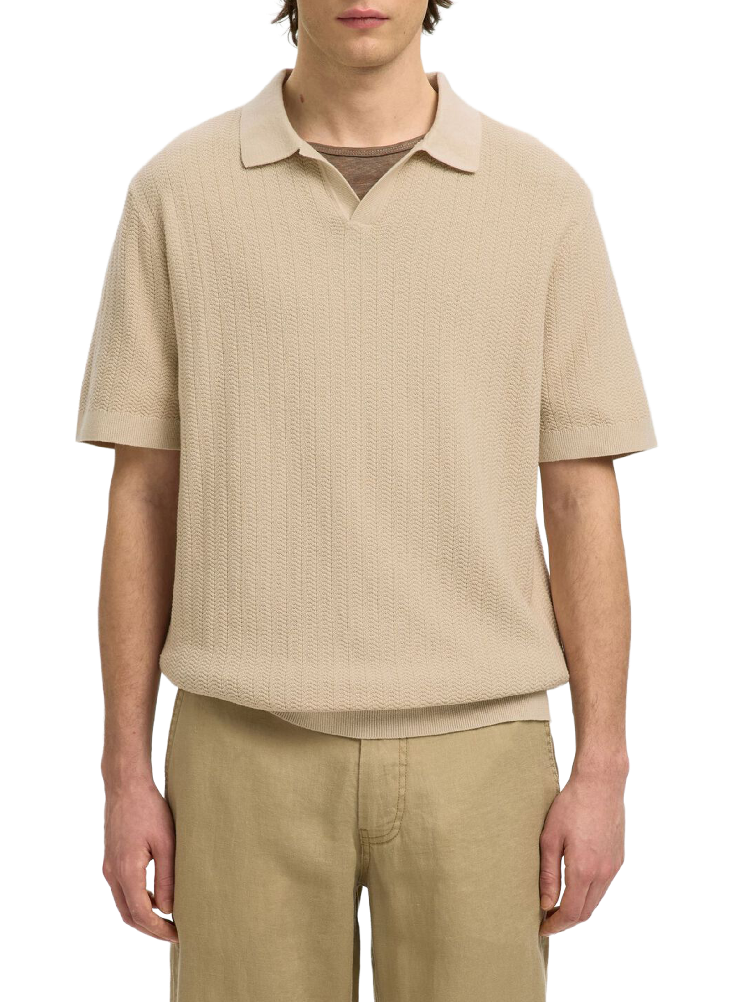 Short-sleeved polo in cotton and linen SELECTED Beige