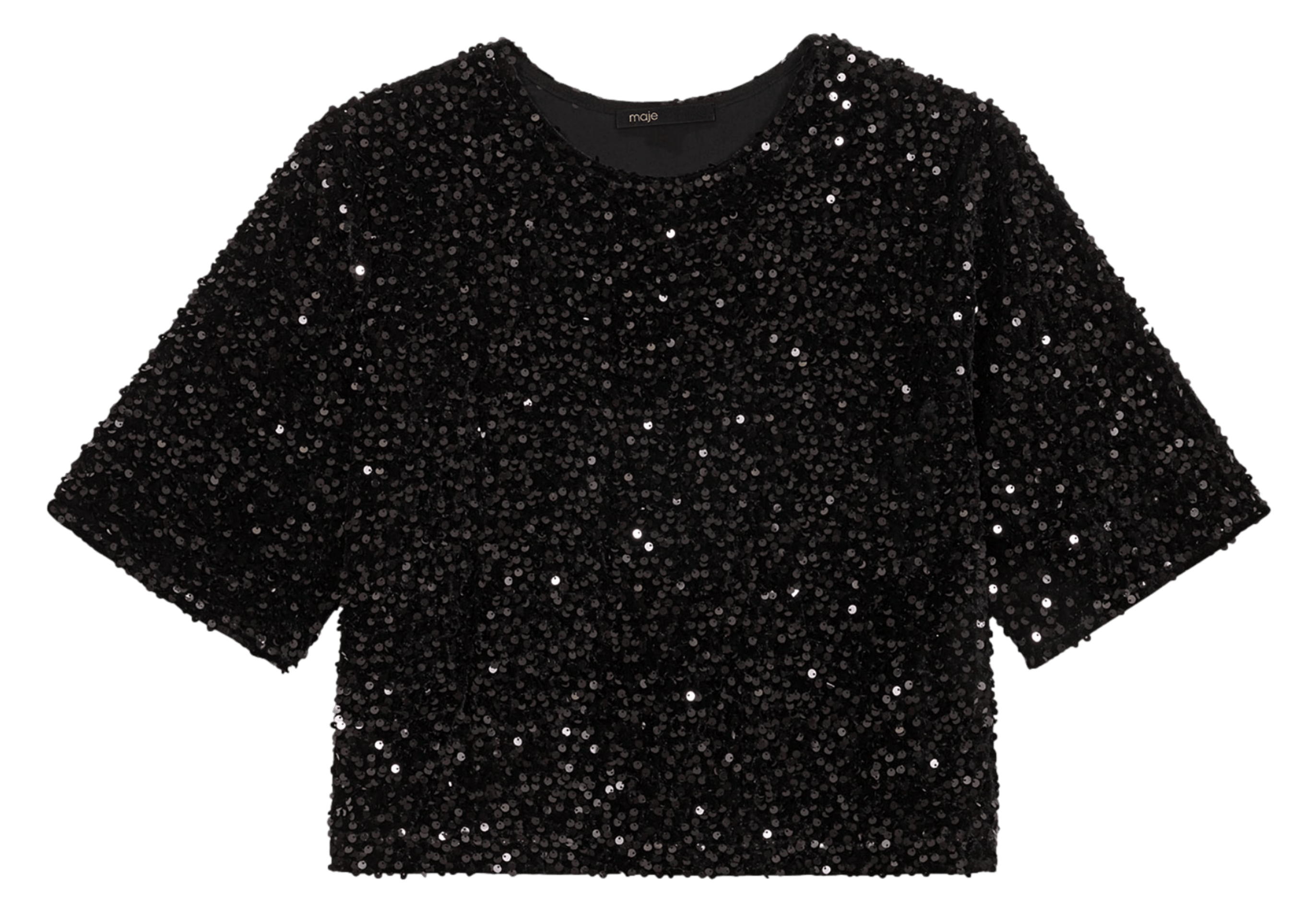 Top court col rond à sequins Noir