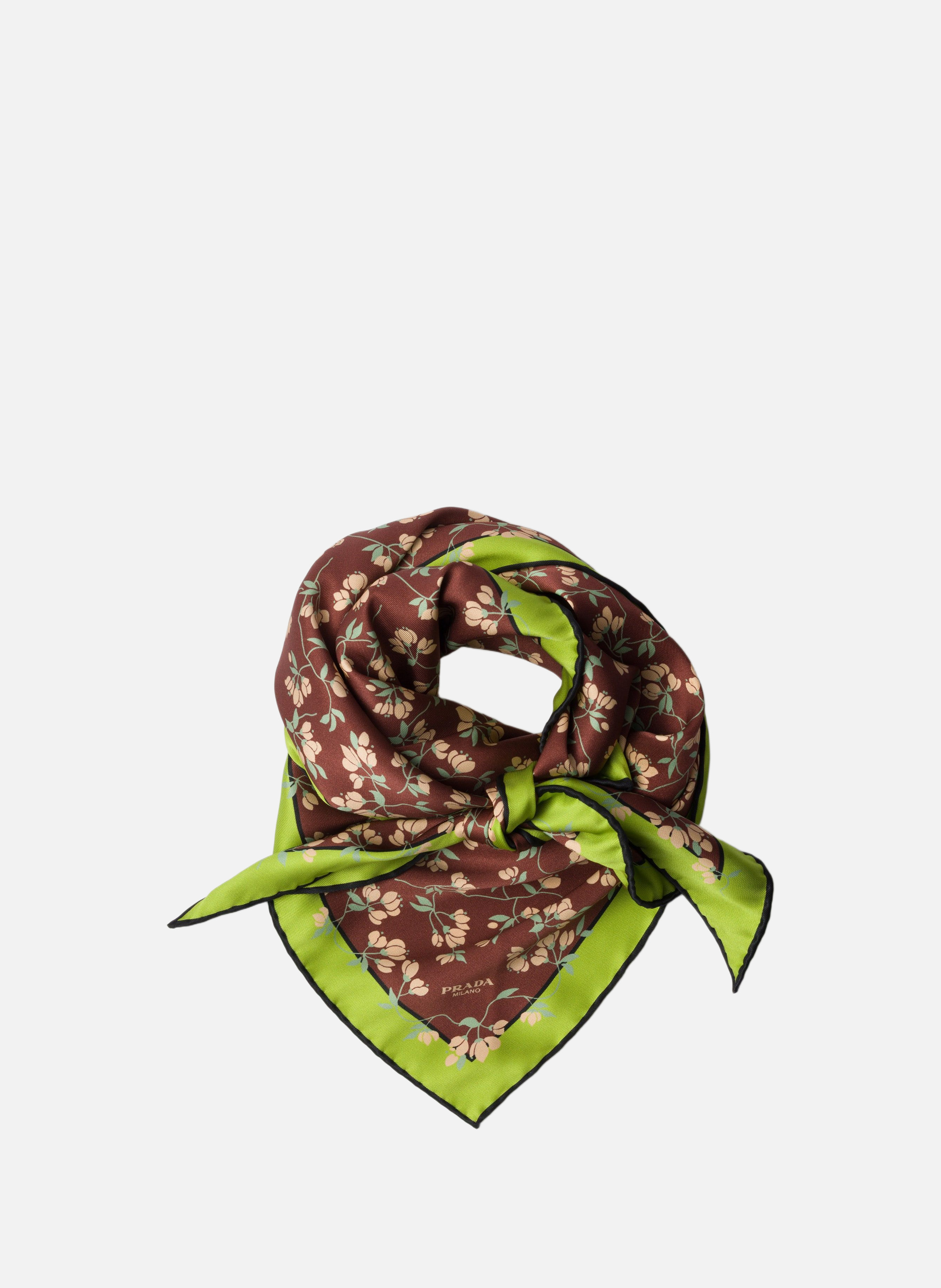 PRADA Foulard en sergé de soie imprimé Marron