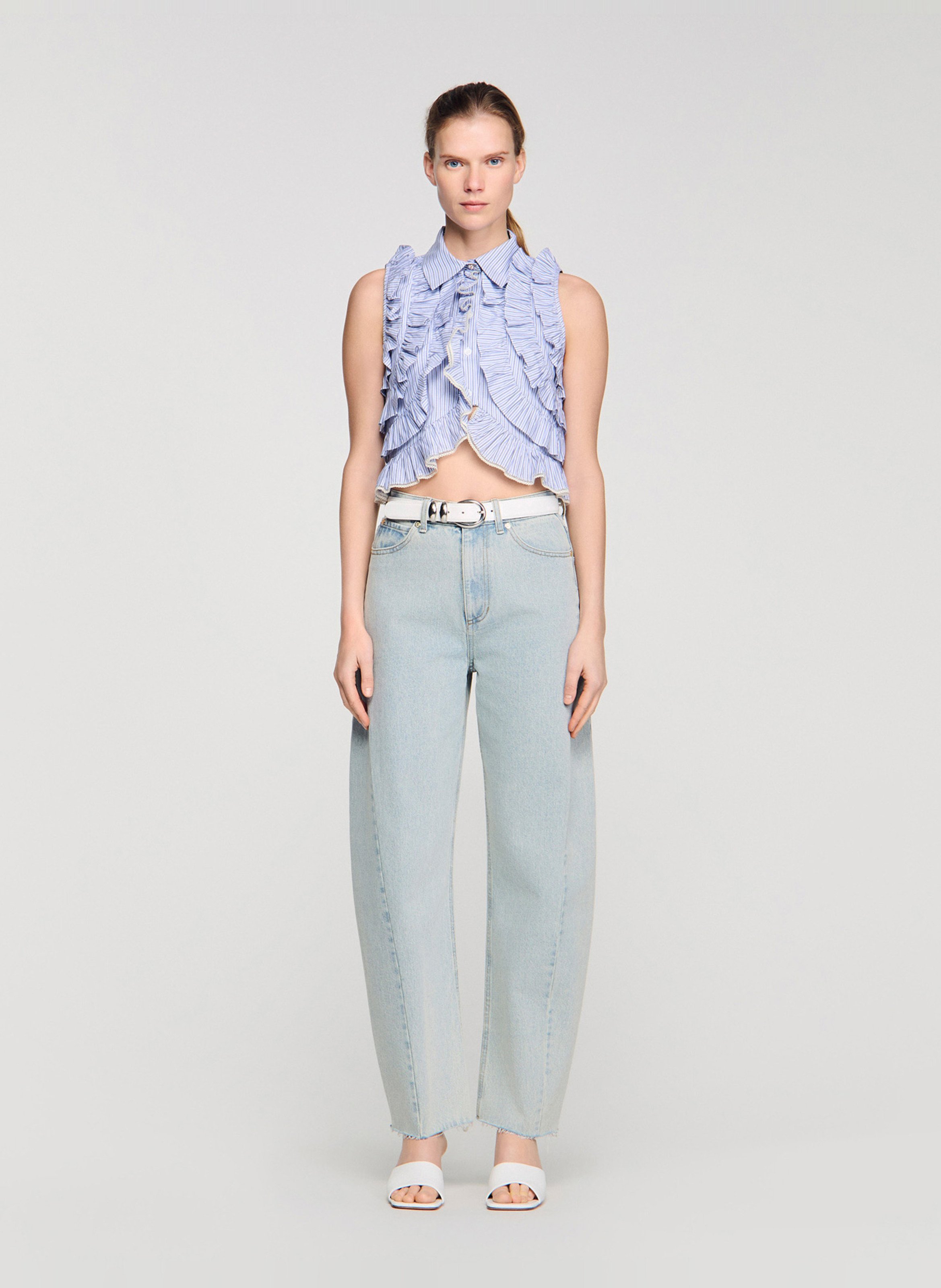 Chemise droite col classique en coton rayé SANDRO Bleu